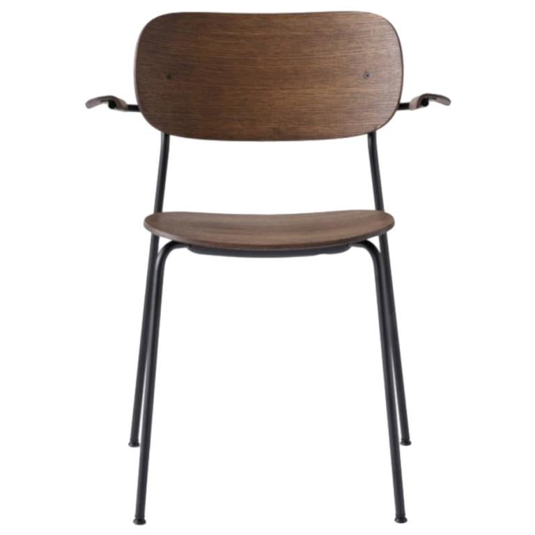 Co Chair, Wood Seat with Armrest, Dark Oak Seat/Black Legs For Sale