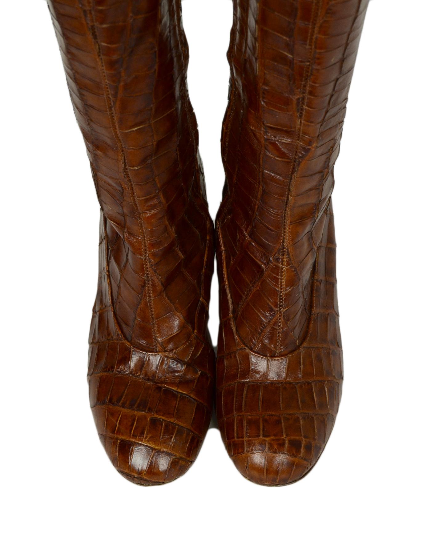 Co. Cognac Embossed Crocodile Print Boots sz 37 In Good Condition In New York, NY
