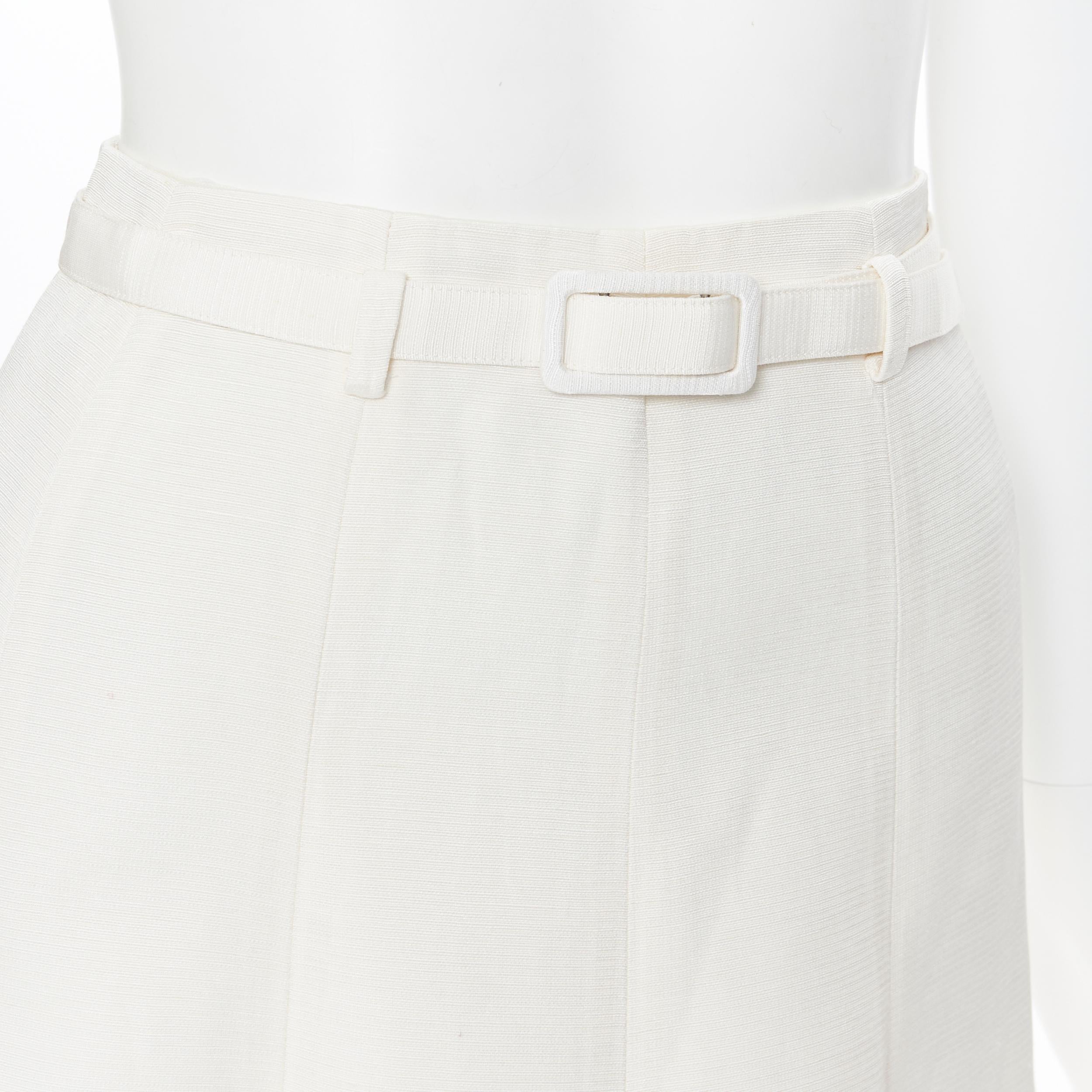 CO COLLECTION Italian  Fabric ivory white silk cotton blend belted midi skirt XS
Brand: Co Collection
Model Name / Style: Midi skirt
Material: Silk, cotton blend
Color: Beige
Pattern: Solid
Closure: Zip
Extra Detail: Detachable tonal fabric skinny