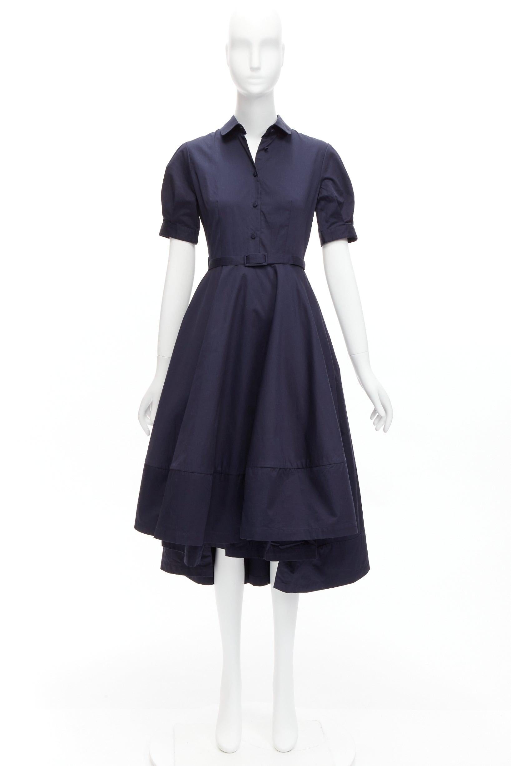 CO COLLECTION navy cotton poplin panelled hem button down belted dress XS For Sale 4