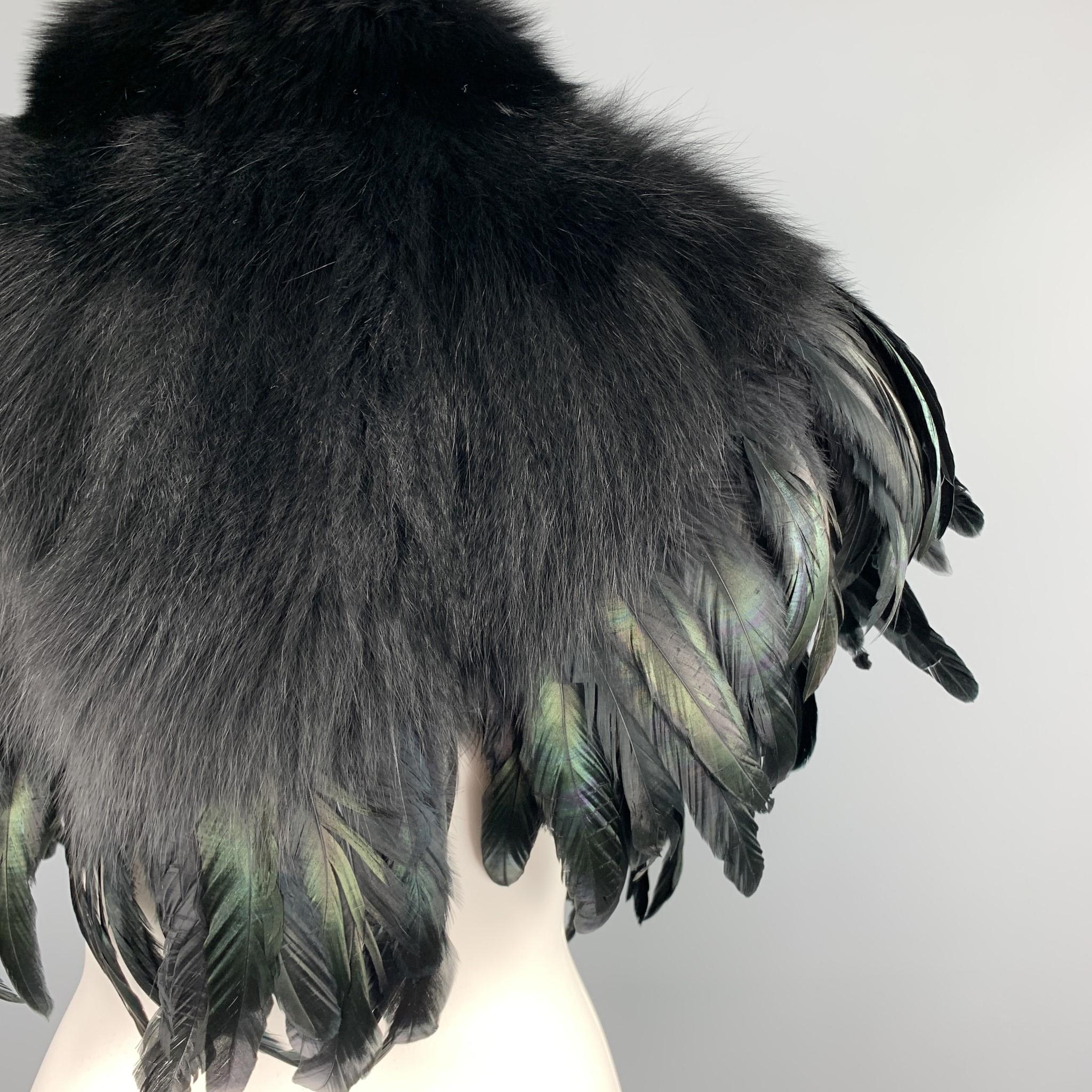 CO Mixed Materials Black Fox Fur Feathers Shawl 1