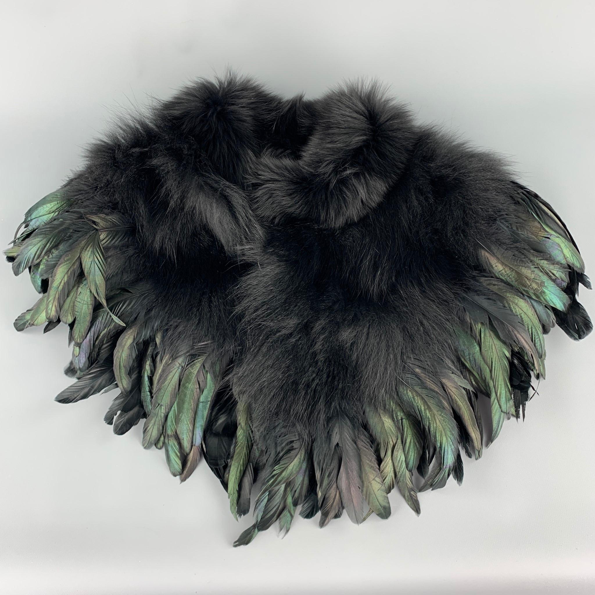 CO Mixed Materials Black Fox Fur Feathers Shawl 3