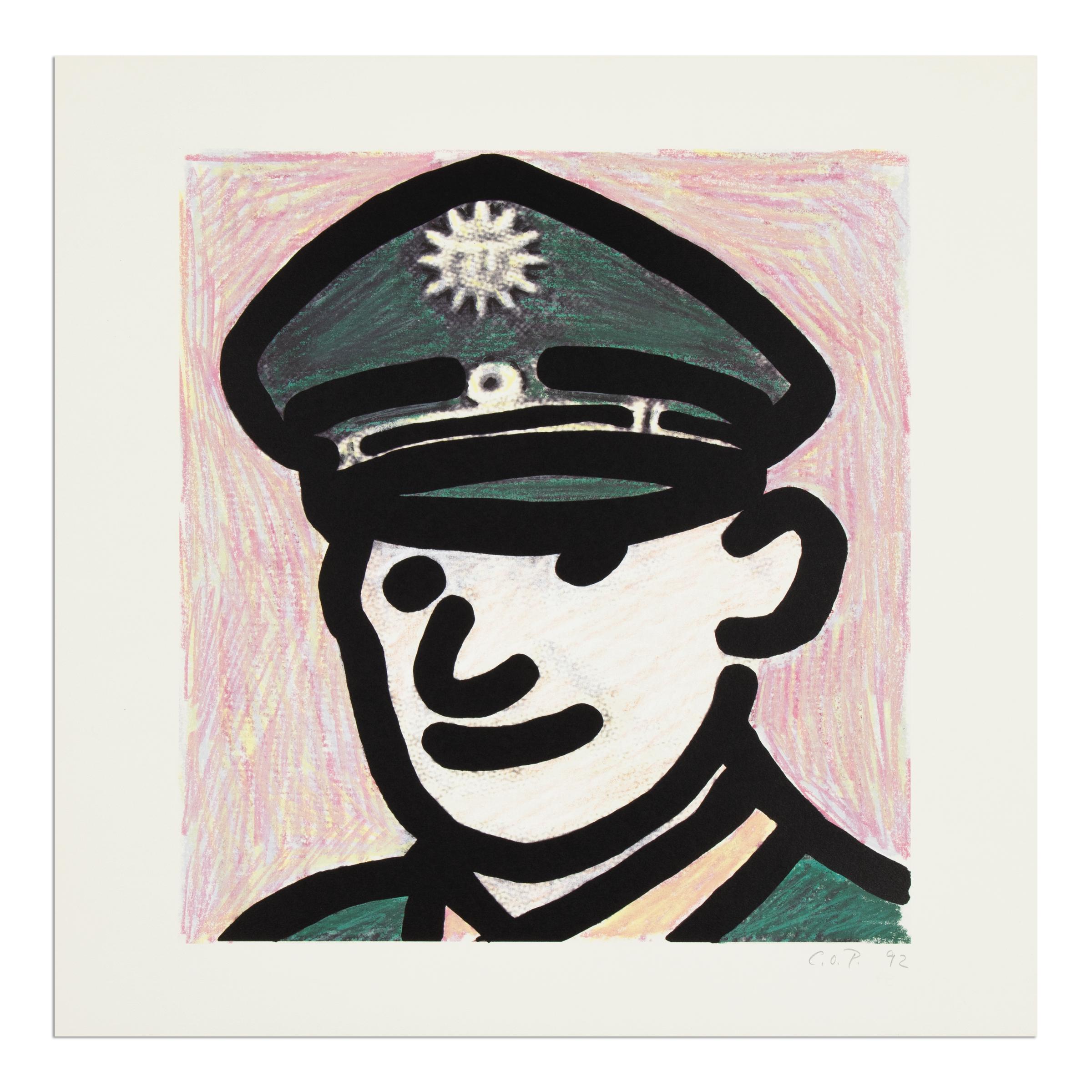 C.O. Paeffgen (German, 1933-2019)
Polizist, 1992
Medium: Offset lithograph on card stock
Dimensions: 49.5 x 50 cm
Edition of 100: Monogrammed, numbered and dated
Condition: Very good