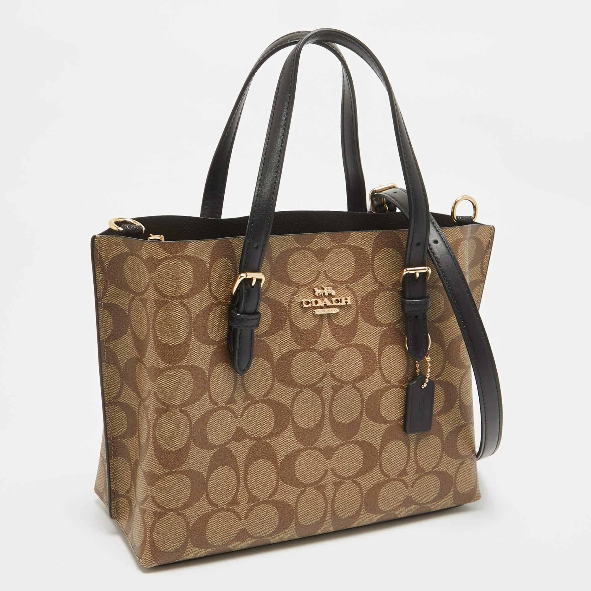 Brown Coach Beige/Black Signature Coated Canvas and Leather Molly 25 Tote For Sale
