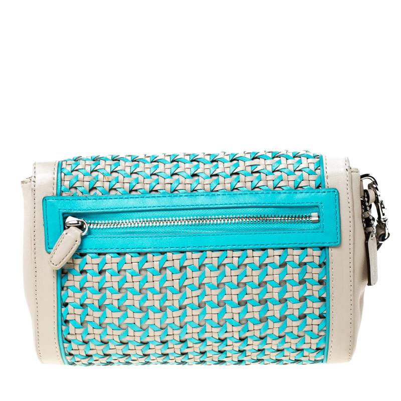Coach Beige/Blue Caning Leather Flap Wristlet Clutch In Good Condition In Dubai, Al Qouz 2