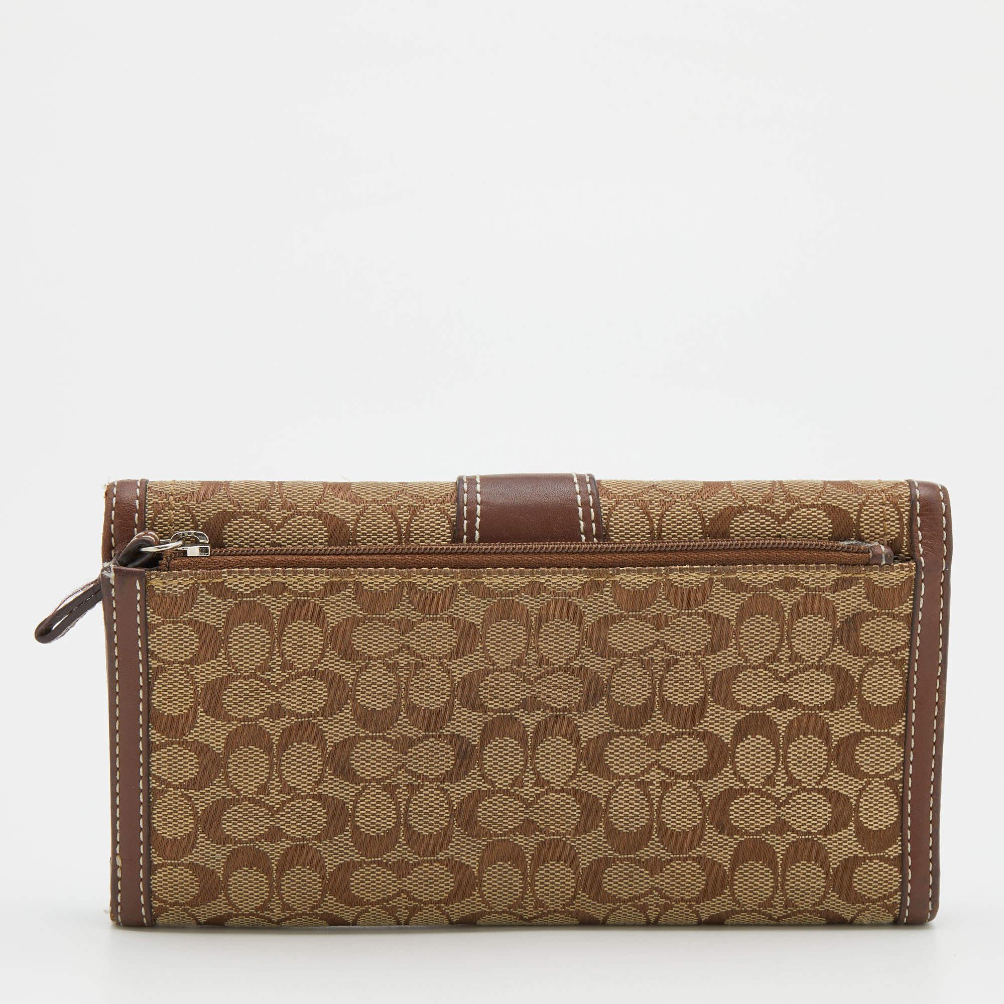 Women's Coach Beige/Brown Signature Canvas and Leather Buckle Detail Continental Wallet