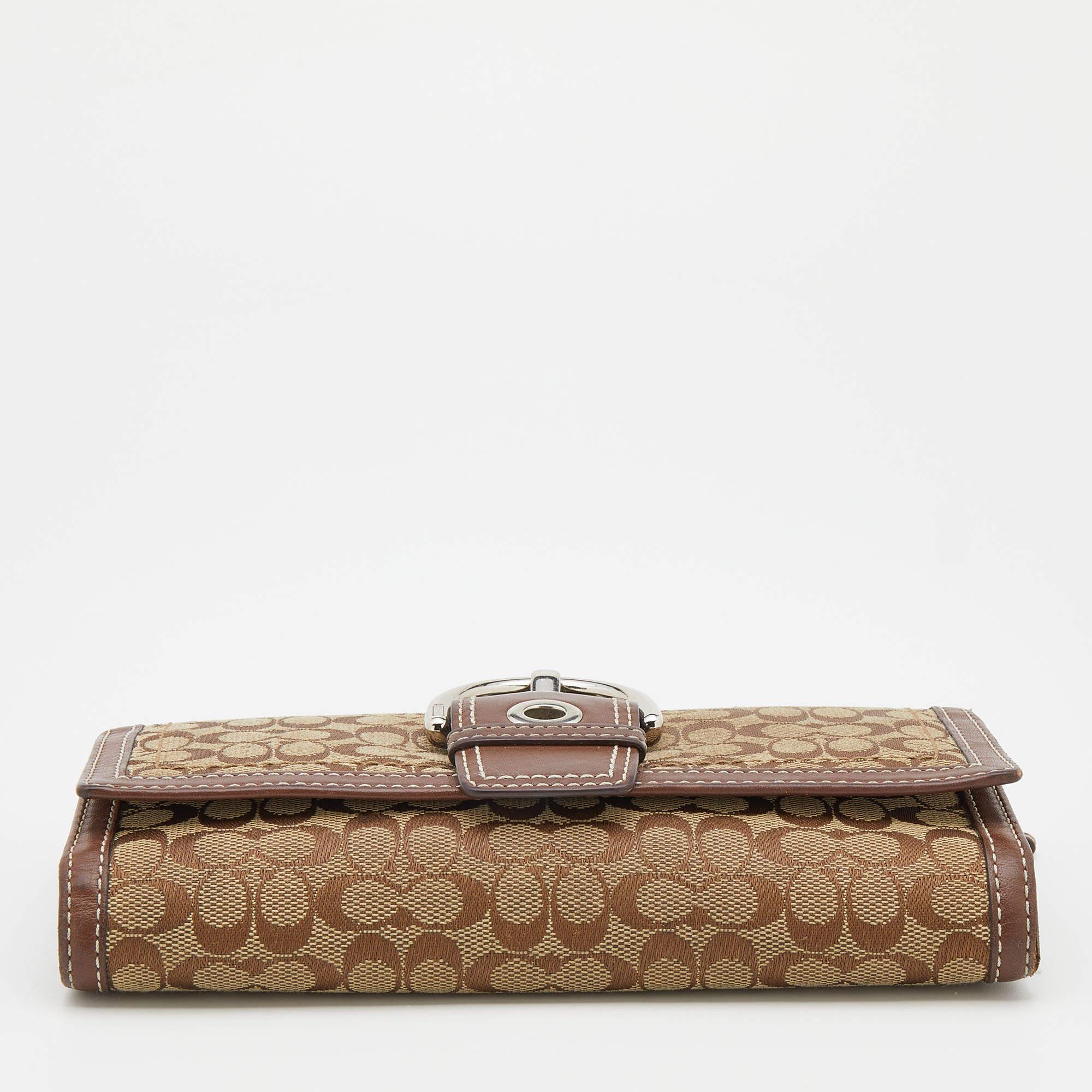 Coach Beige/Brown Signature Canvas and Leather Buckle Detail Continental Wallet 2