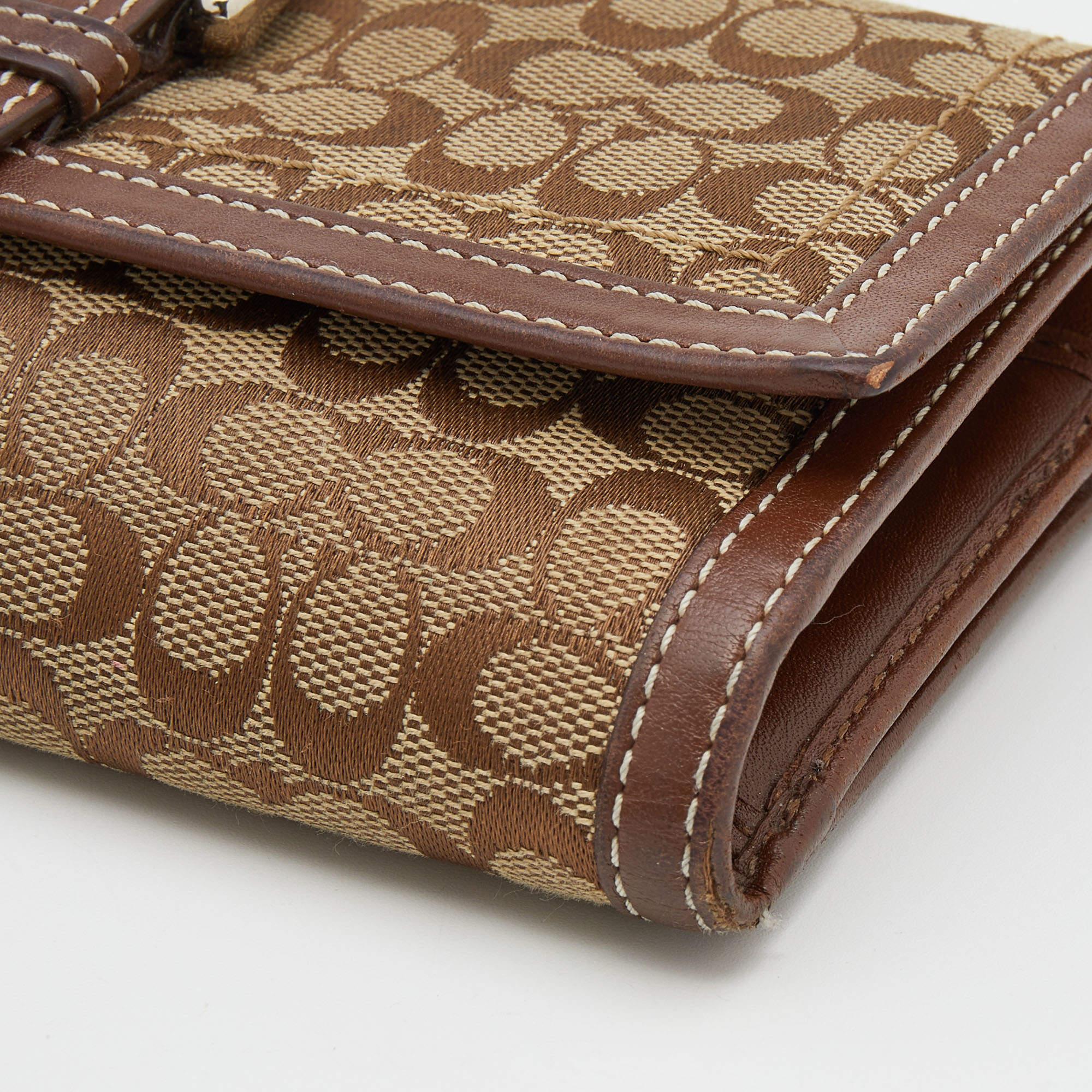 Coach Beige/Brown Signature Canvas and Leather Buckle Detail Continental Wallet 4