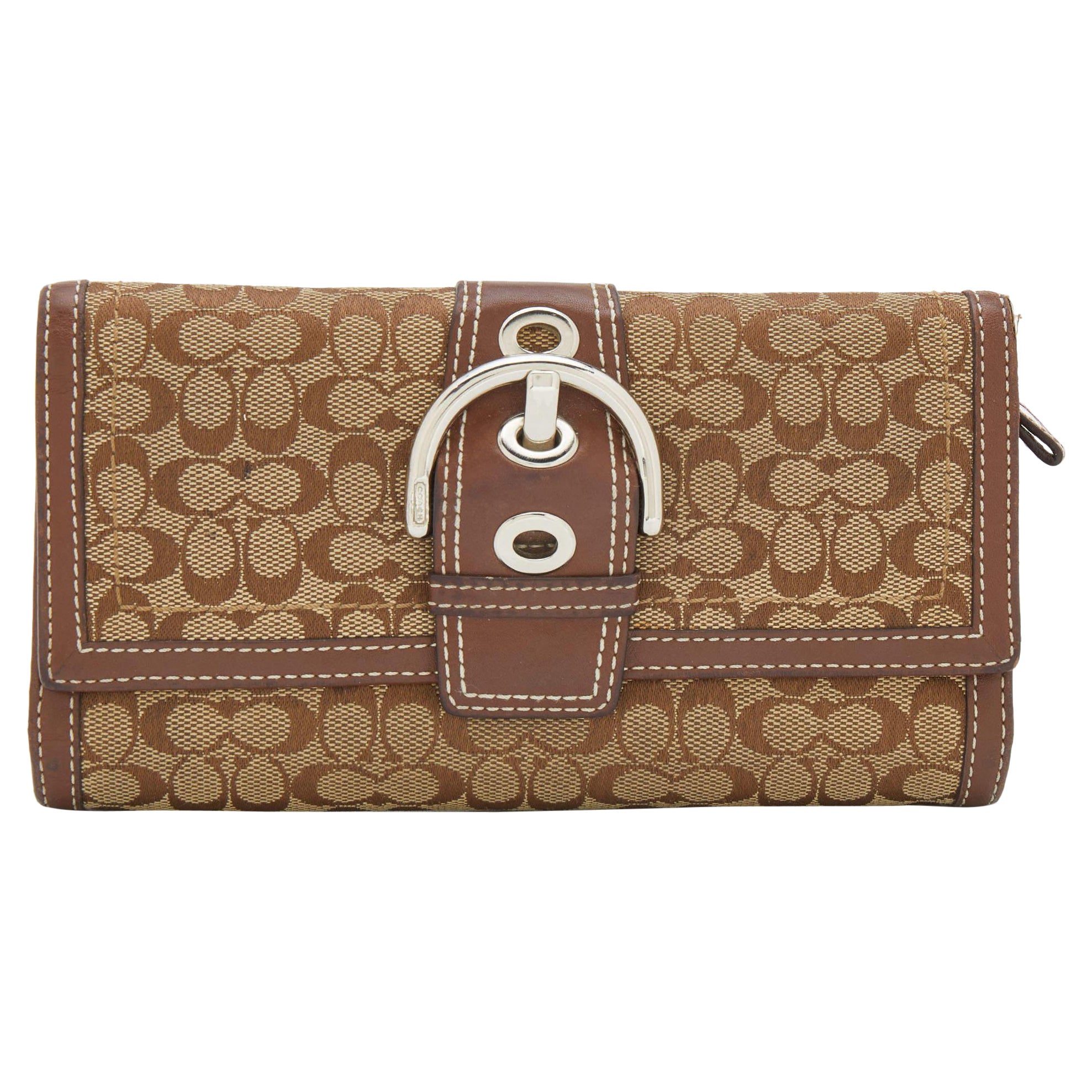 Coach Beige/Brown Signature Canvas and Leather Buckle Detail Continental Wallet