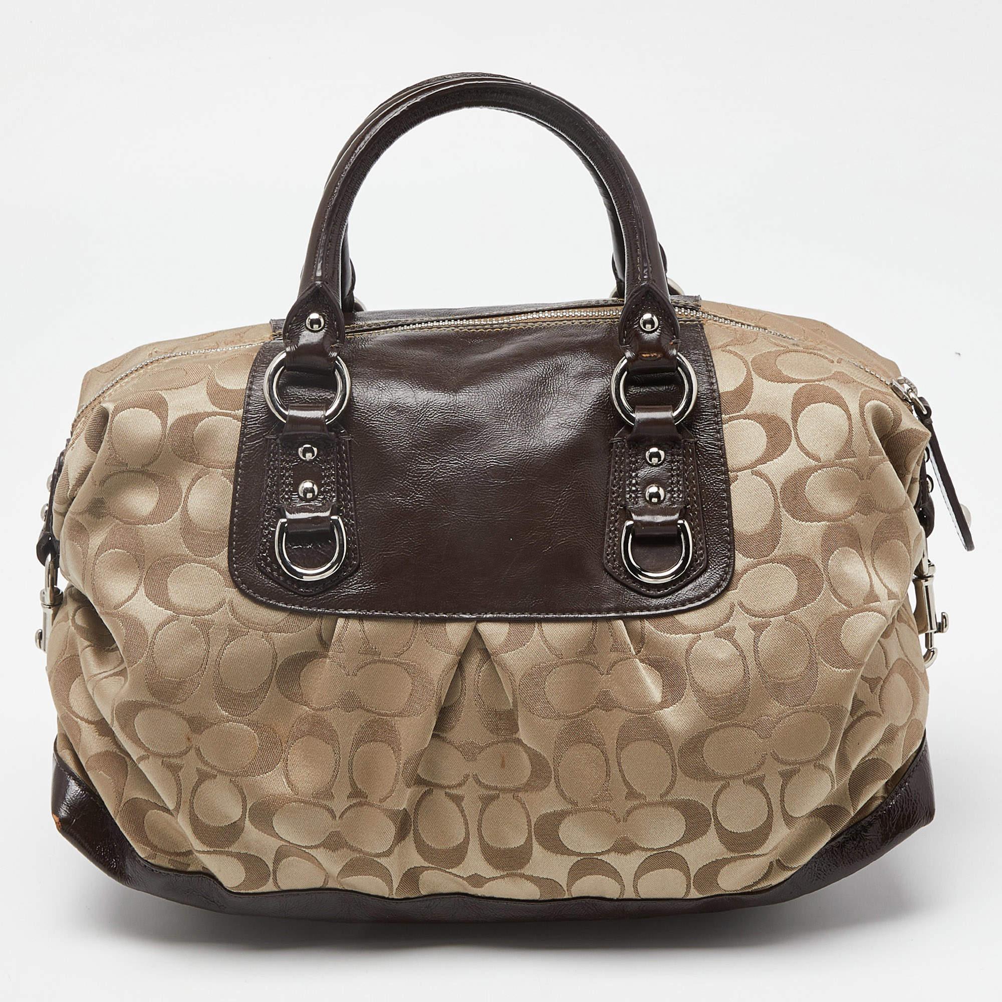 Women's Coach Beige/Brown Signature Fabric and Patent Leather Ashley Bag