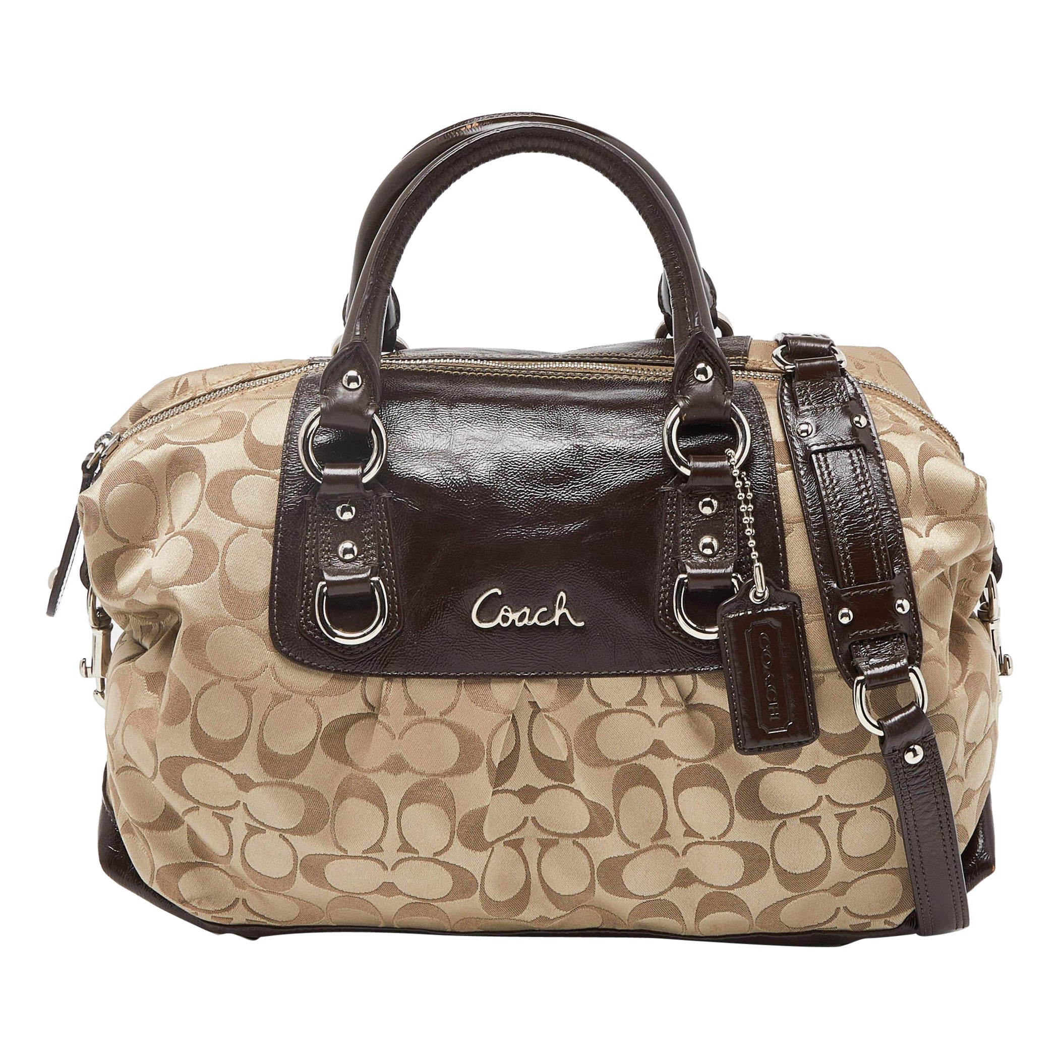 Coach Beige/Brown Signature Fabric and Patent Leather Ashley Bag