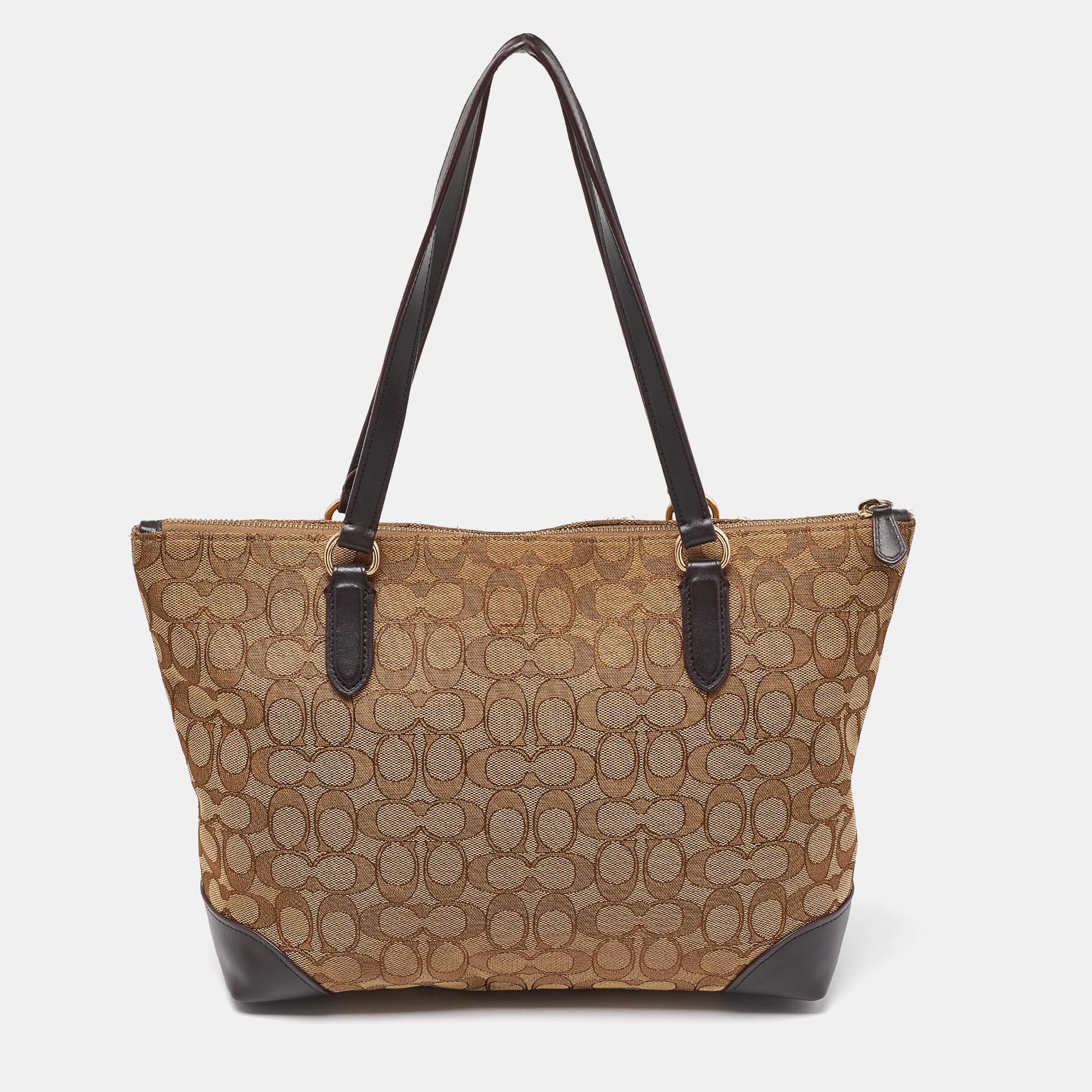 Women's Coach Beige/Brown Signature Jacquard and Leather Zip Tote