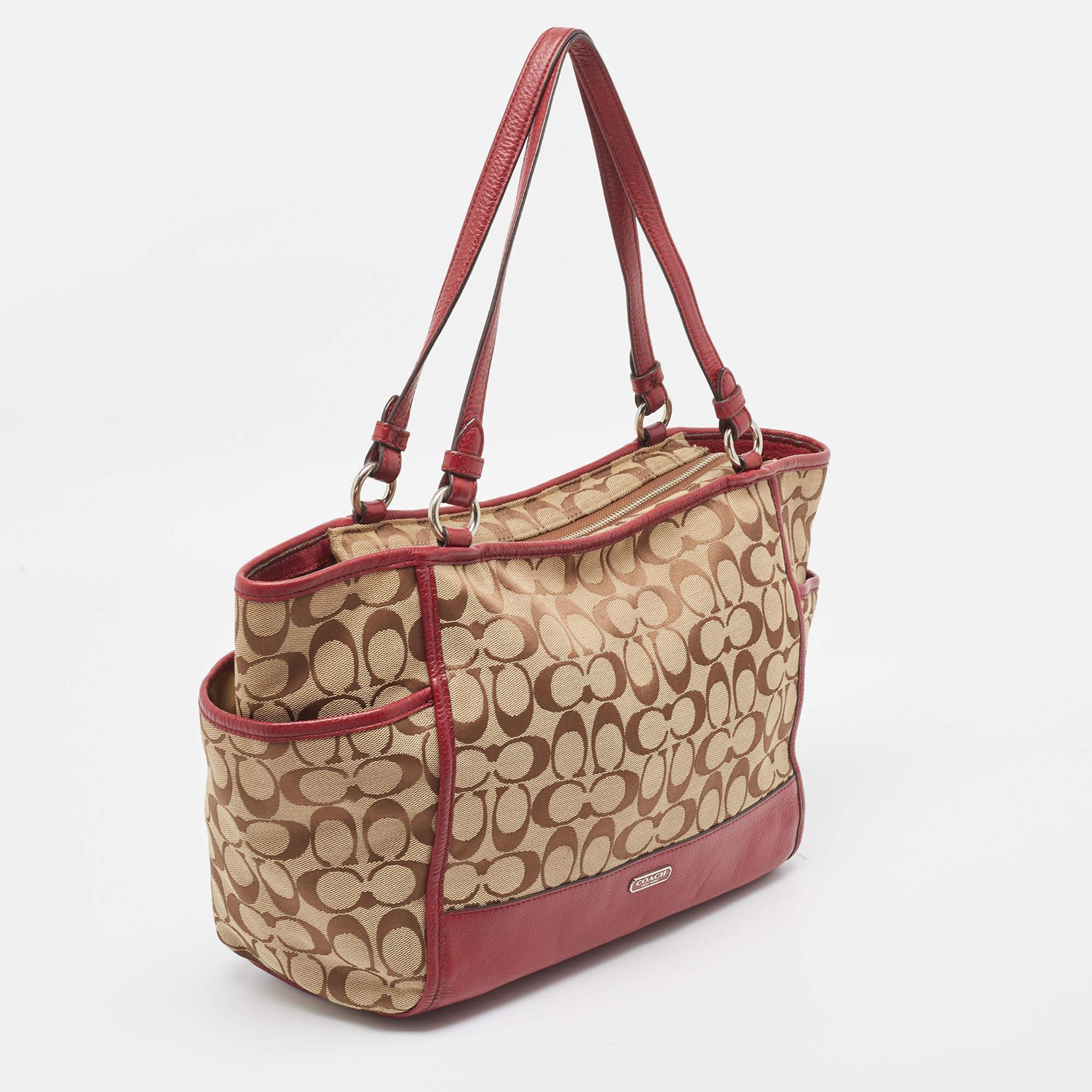 Brown Coach Beige/Burgundy Signature Canvas and Leather Carrie Tote