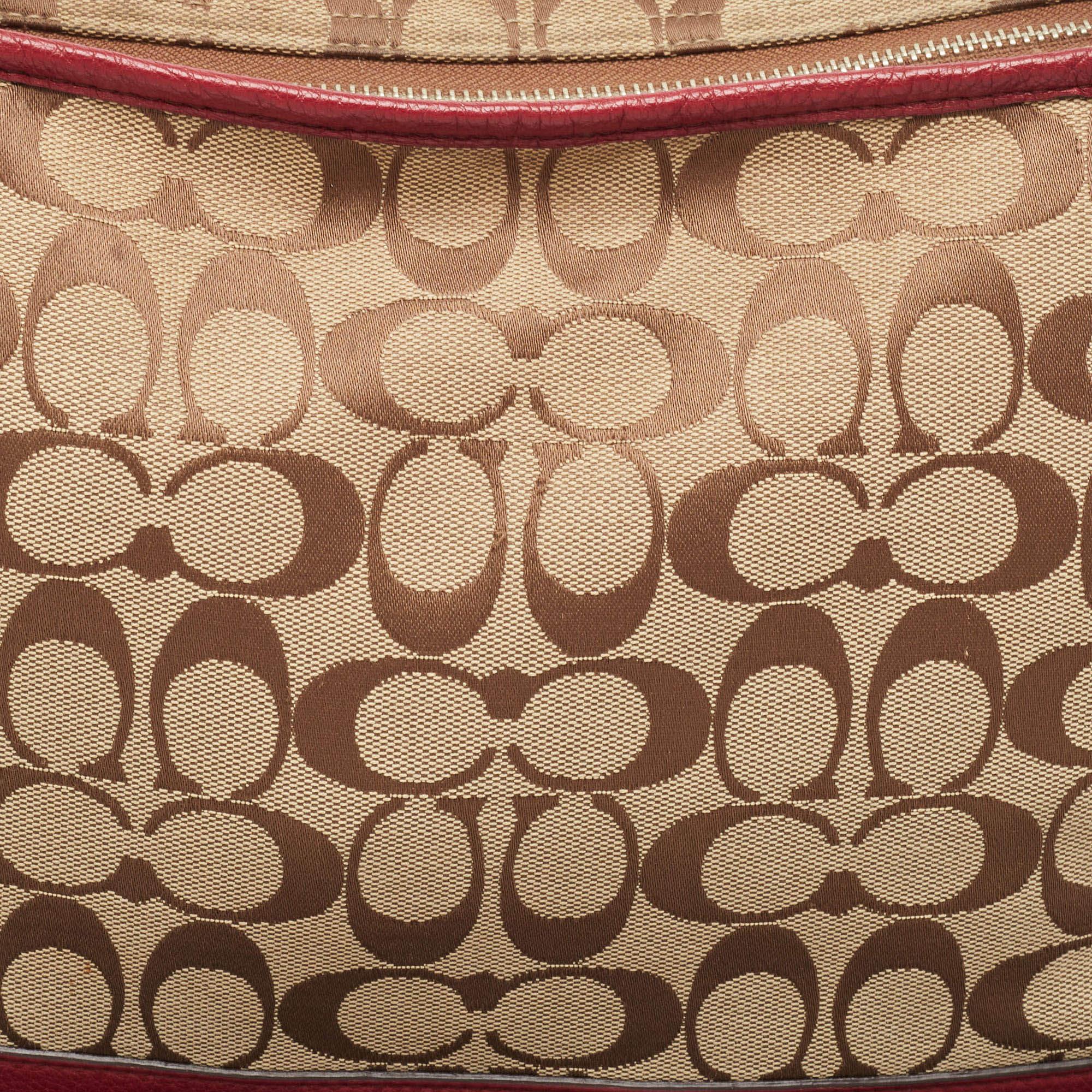 Women's Coach Beige/Burgundy Signature Canvas and Leather Carrie Tote