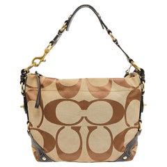 Coach Beige/Dark Brown Signature Canvas and Leather Carly Hobo