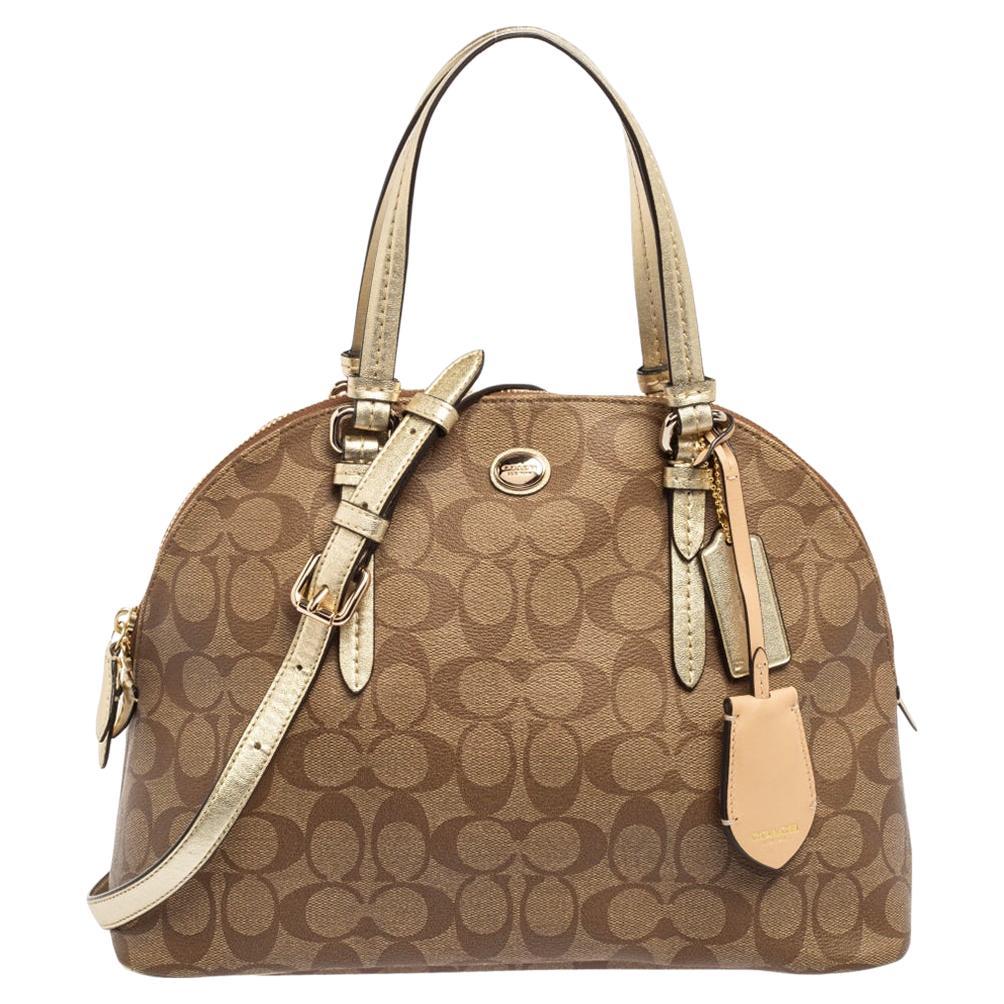 Coach Beige/Gold Signature Coated Canvas and Leather Peyton Dome Satchel
