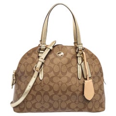 Coach Beige/Gold Signature Coated Canvas und Leder Peyton Dome Satchel