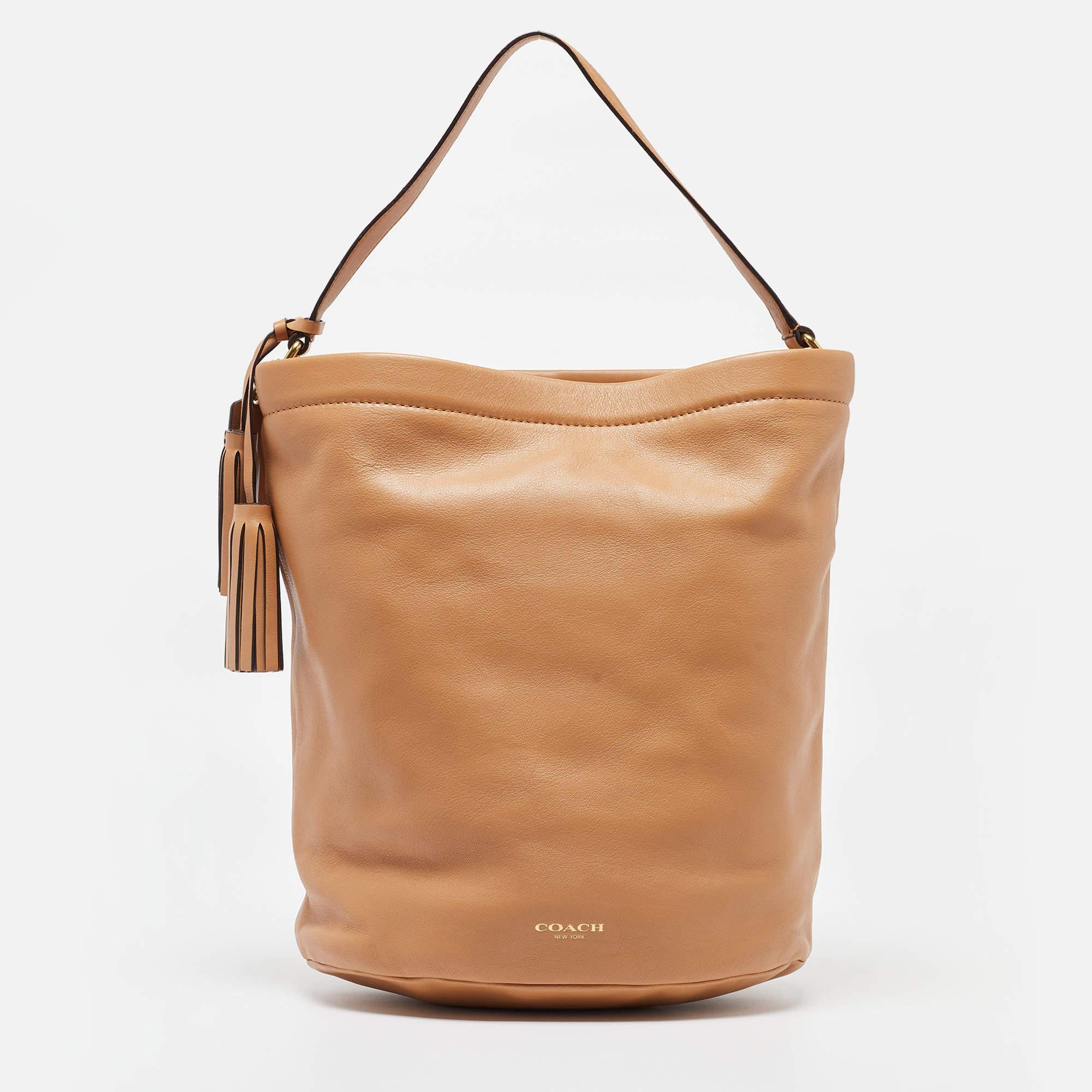 Women's Coach Beige Leather Legacy Tassel Bucket Bag
