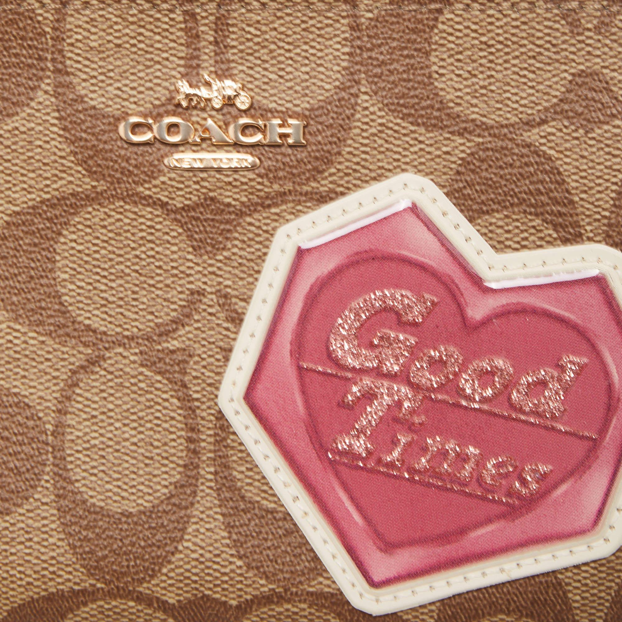 Coach Beige/Old Rose Signature Coated Canvas and Leather Disco Patch Wristlet Po For Sale 2