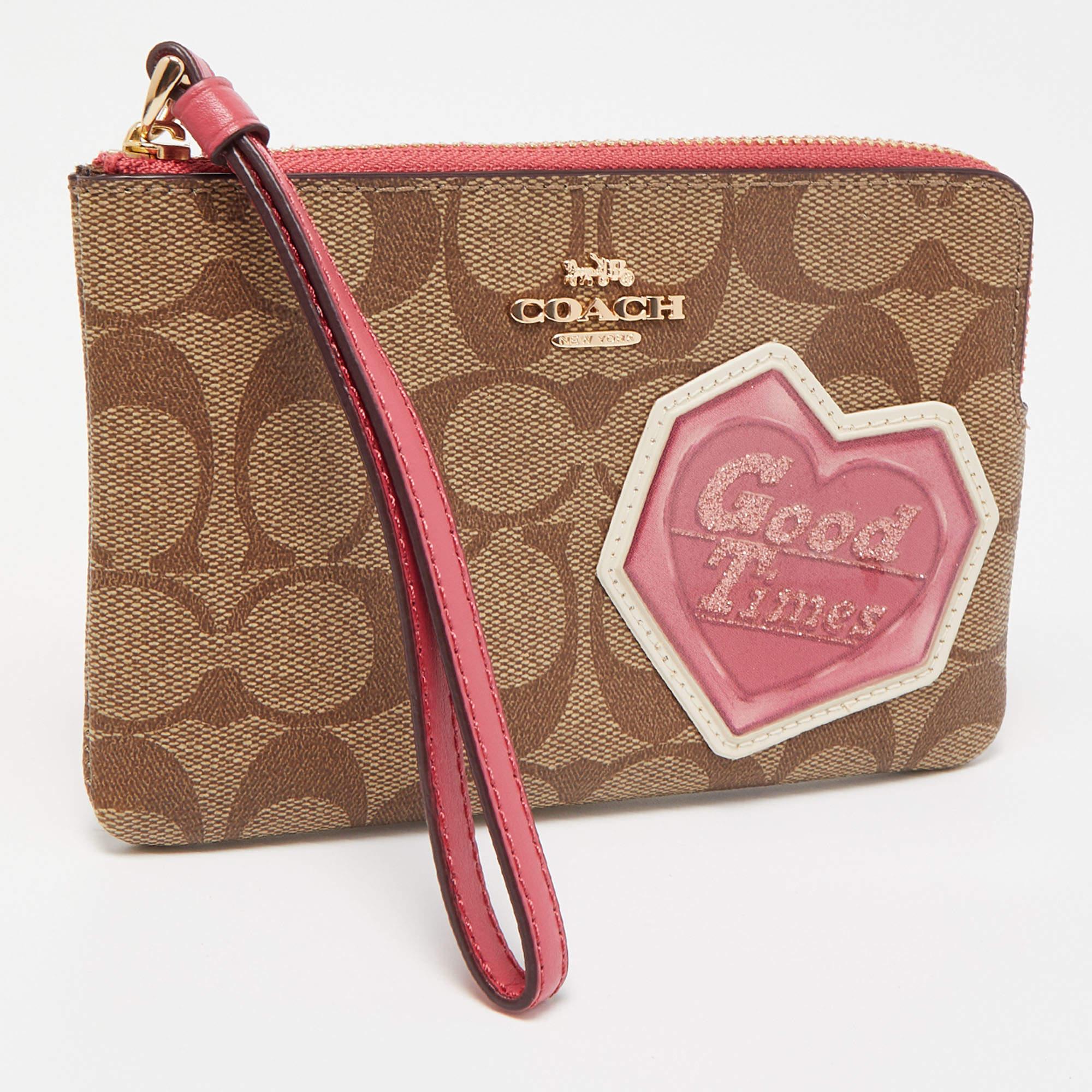 Coach Beige/Old Rose Signature Coated Canvas and Leather Disco Patch Wristlet Po For Sale 4