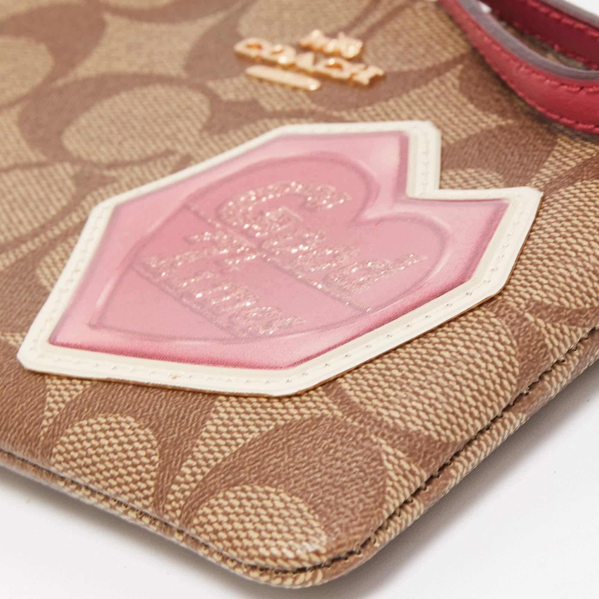 Coach Beige/Old Rose Signature Coated Canvas and Leather Disco Patch Wristlet Po For Sale 5
