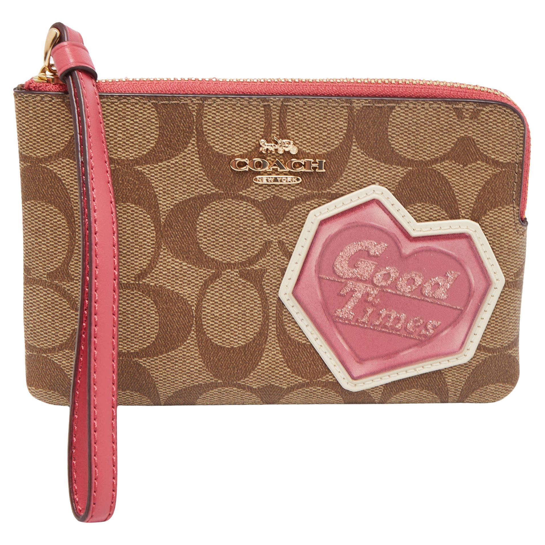 Coach Beige/Old Rose Signature Coated Canvas and Leather Disco Patch Wristlet Po For Sale