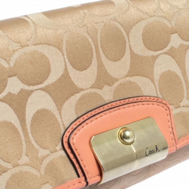 Brown Coach Beige/Orange Signature Canvas and Leather Wristlet Clutch For Sale