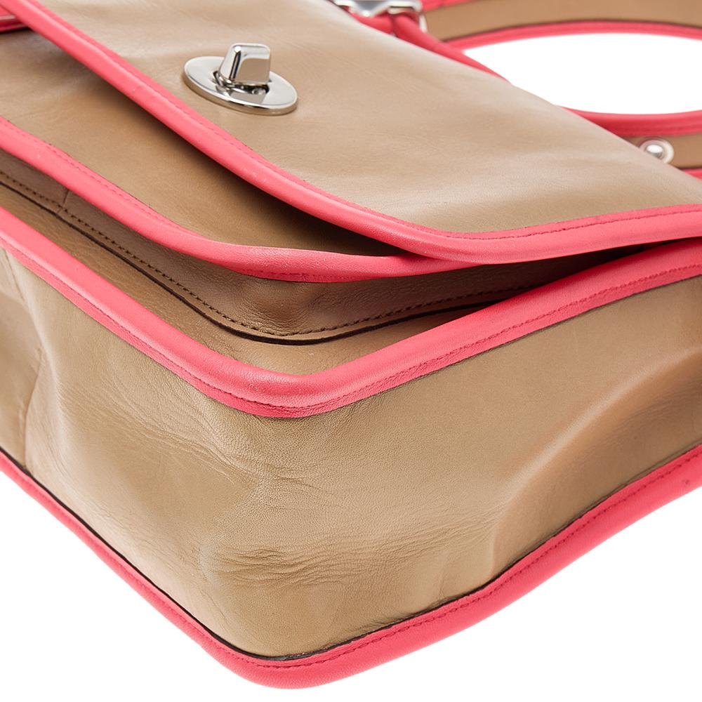 Brown Coach Beige/Pink Leather Flap Shoulder Bag