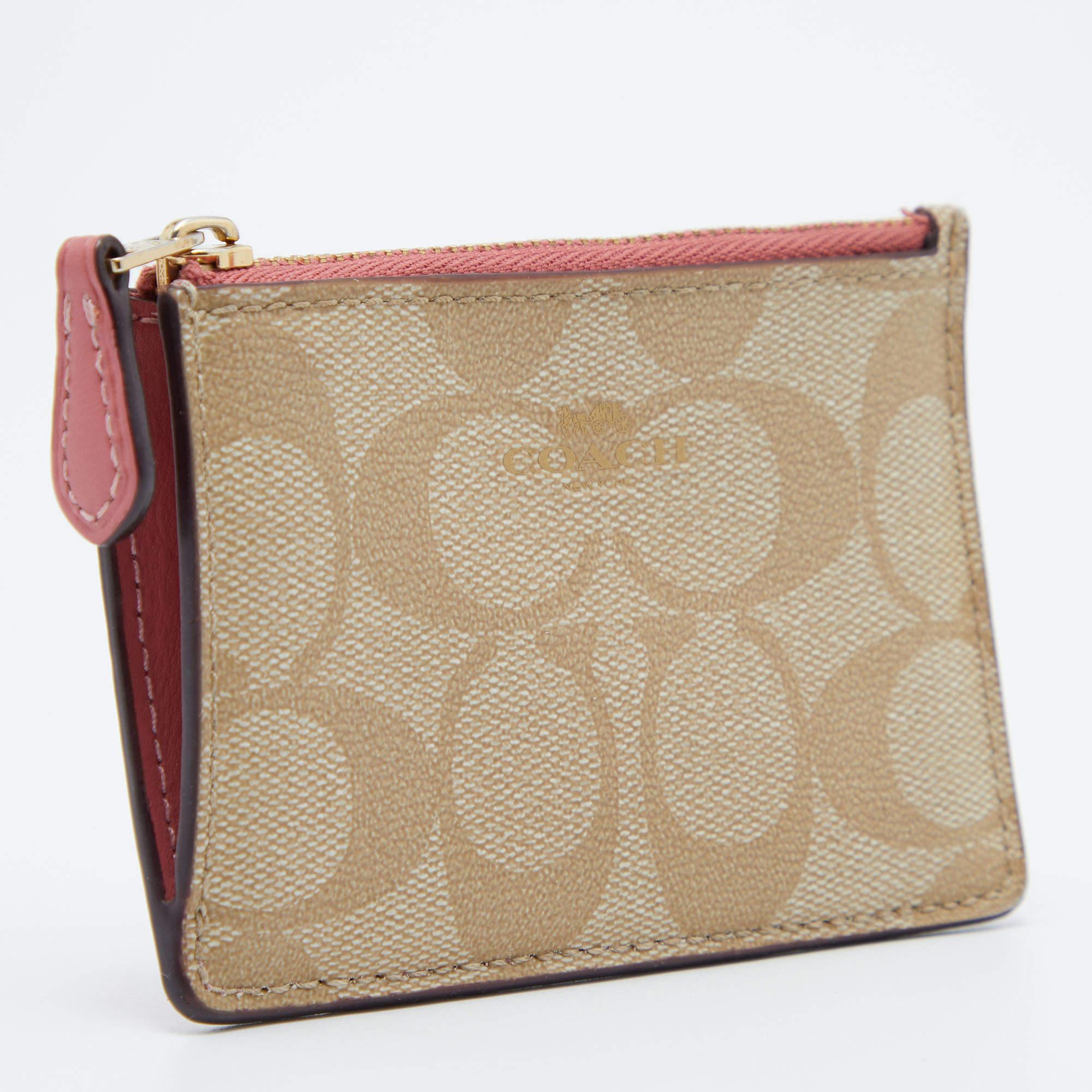 Coach Beige/Pink Signature beschichtetem Segeltuch und Leder Zip-Kartenhalter (Braun)