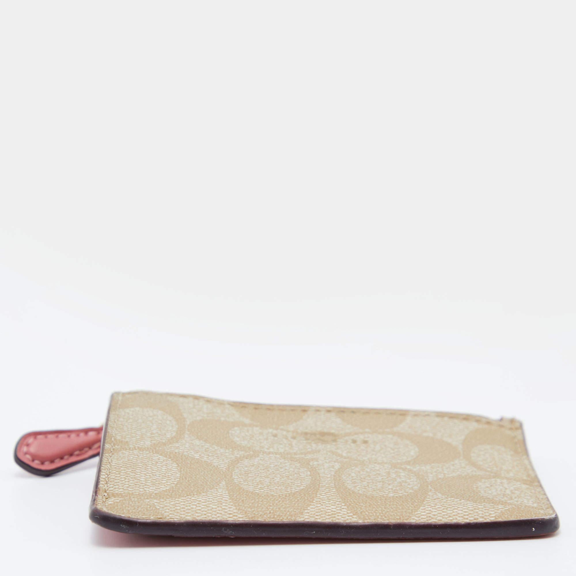 Coach Beige/Pink Signature beschichtetem Segeltuch und Leder Zip-Kartenhalter 1