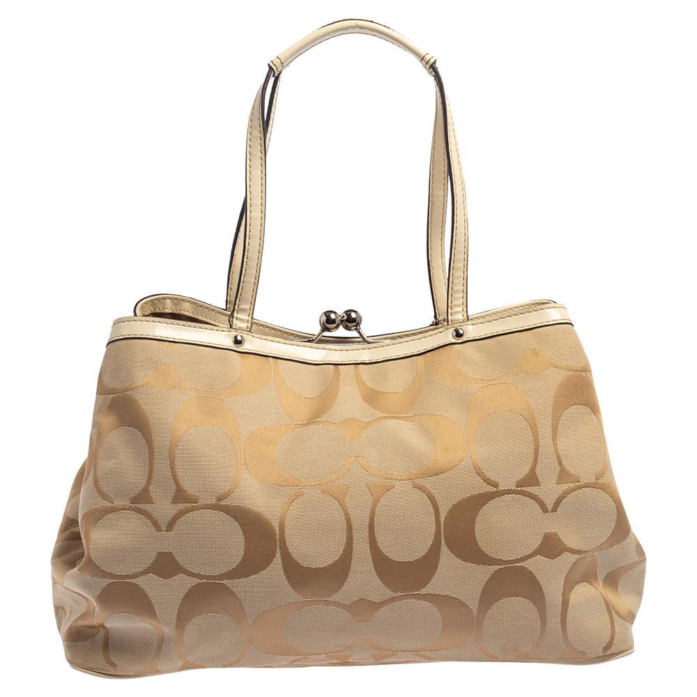 Women's Coach Beige Signature Canvas and Patent Leather Kisslock Framed Carryall Tote