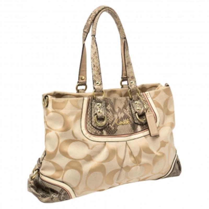 Coach Beige Signature Canvas And Python Embossed Leather Ashley Tote In Fair Condition For Sale In Dubai, Al Qouz 2