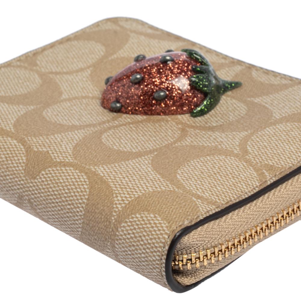Women's Coach Beige Signature Coated Canvas Strawberry Zip Around Wallet