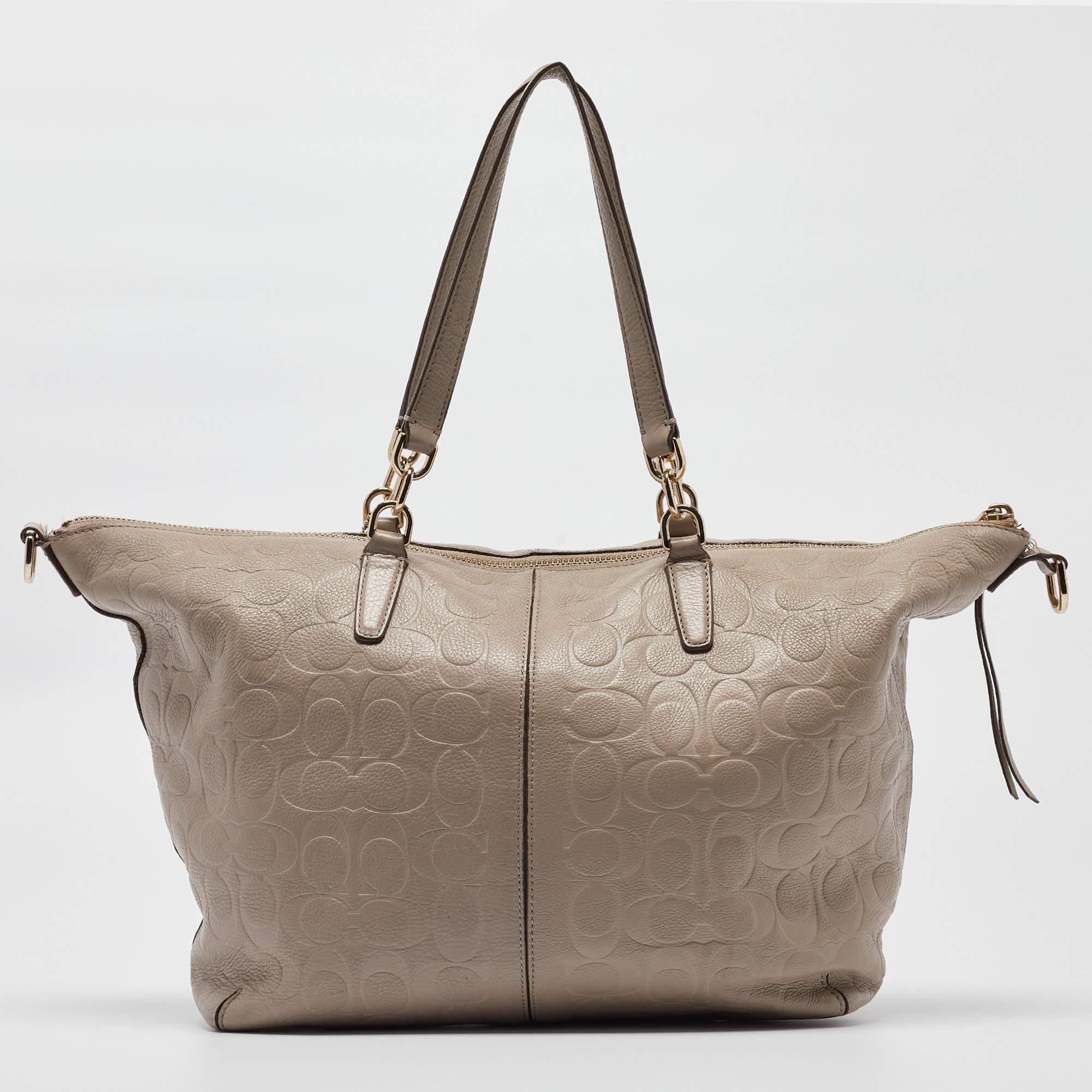 Women's Coach Beige Signature Embossed Leather Bleecker Zip Tote For Sale