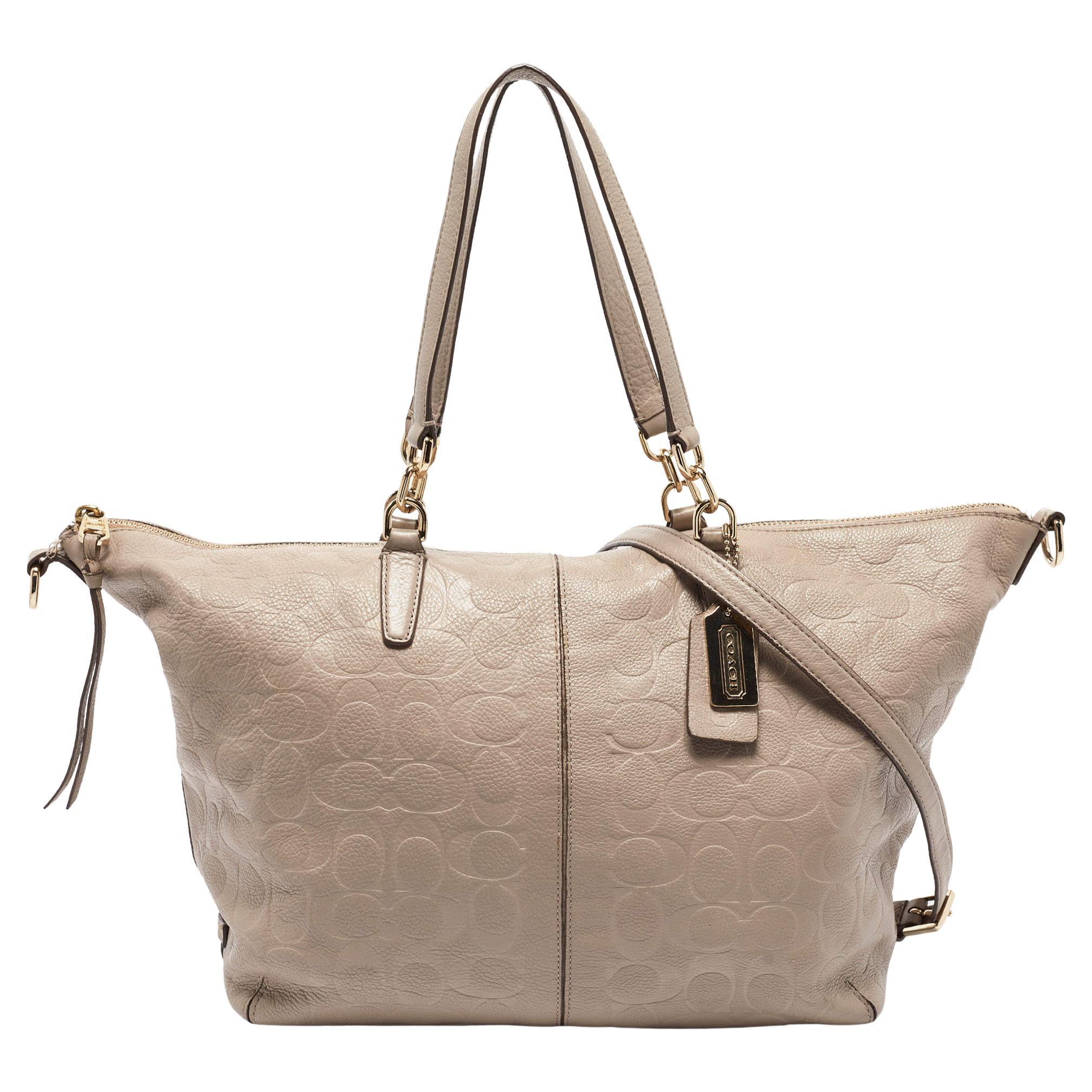 Coach Beige Signature Embossed Leather Bleecker Zip Tote For Sale
