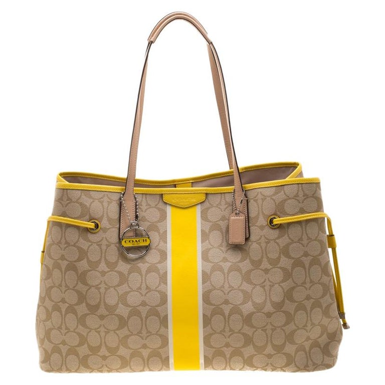 Coach Beige Yellow Coated Canvas And Leather Large Stripe Drawstring Signature T Coach Beige Yellow Coated Canvas And Leather Large Stripe Drawstring Signature T