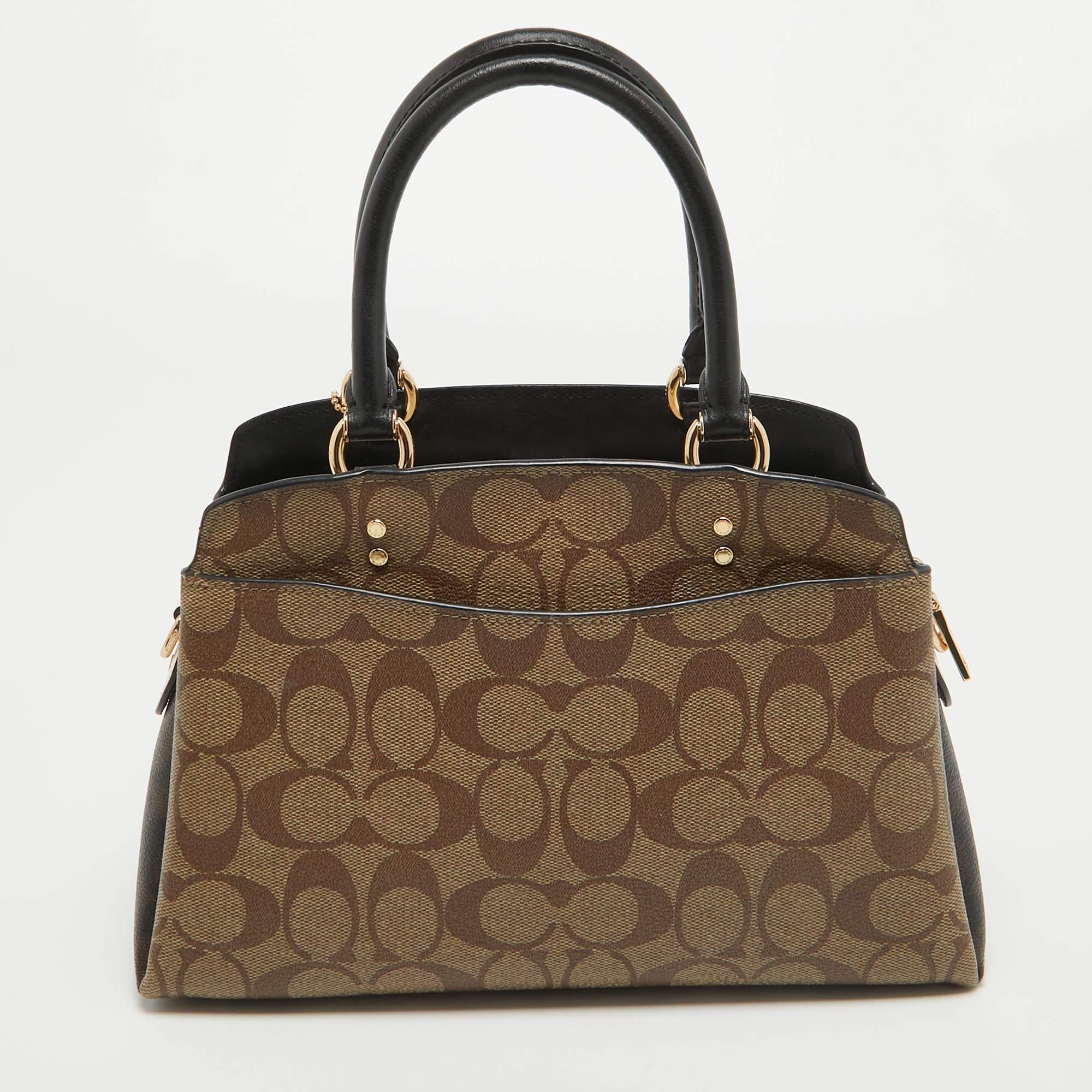 Women's Coach Black/Beige Signature Coated Canvas and Leather Lillie Satchel