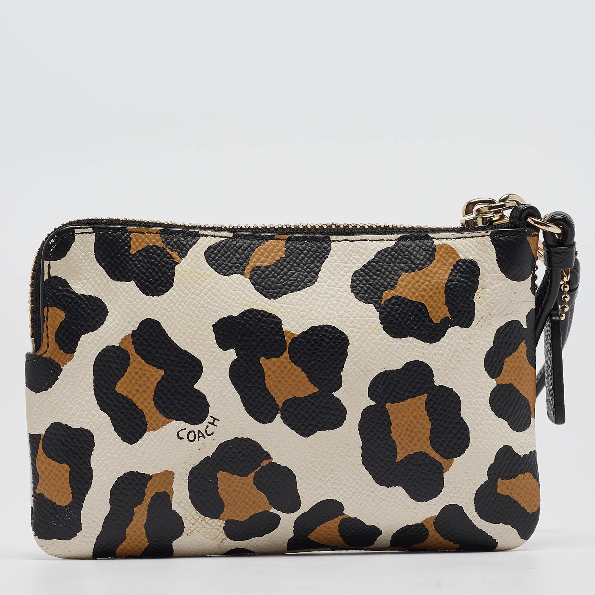 Women's Coach Black/Brown Leopard Print Leather Zip Wristlet Pouch