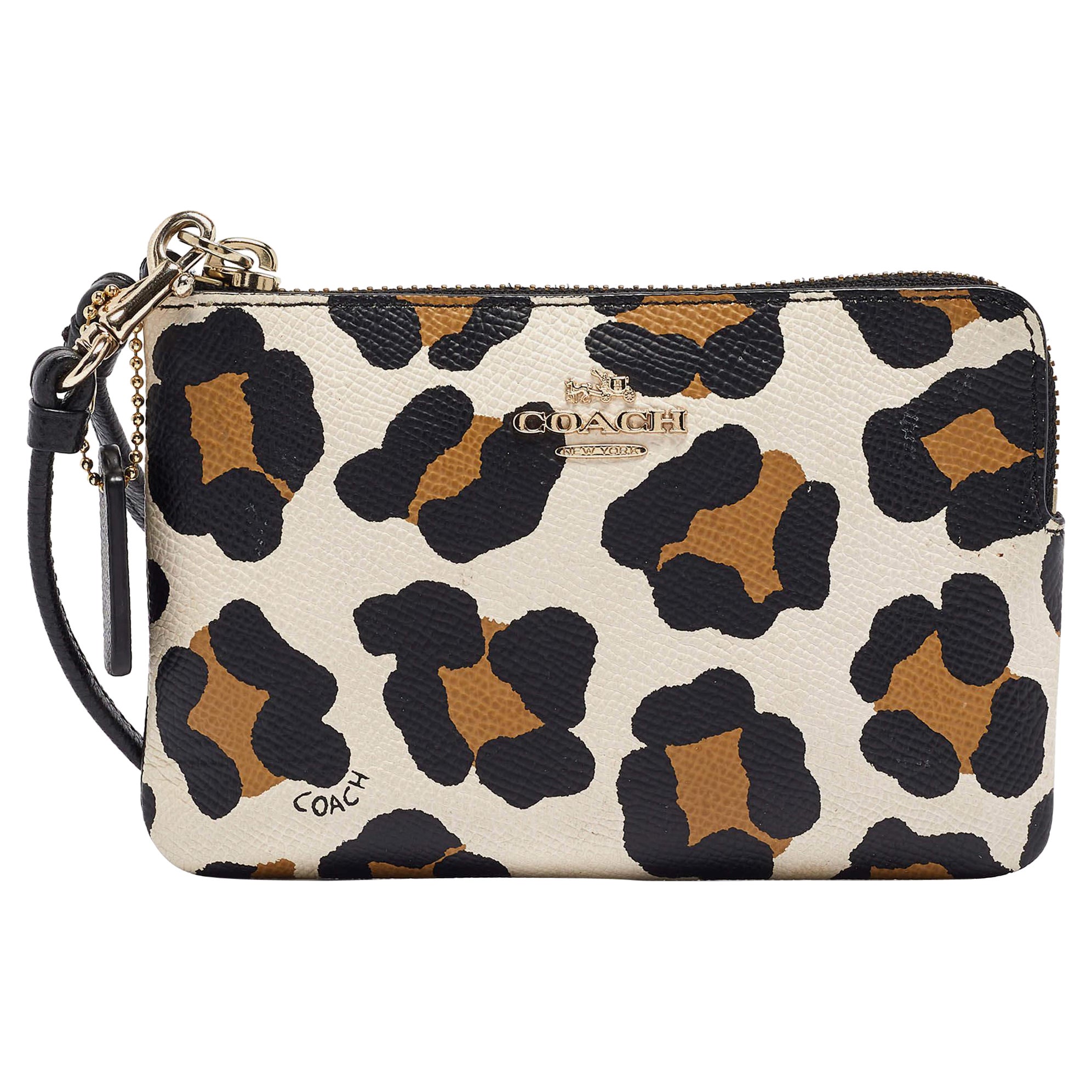 Coach Black/Brown Leopard Print Leather Zip Wristlet Pouch