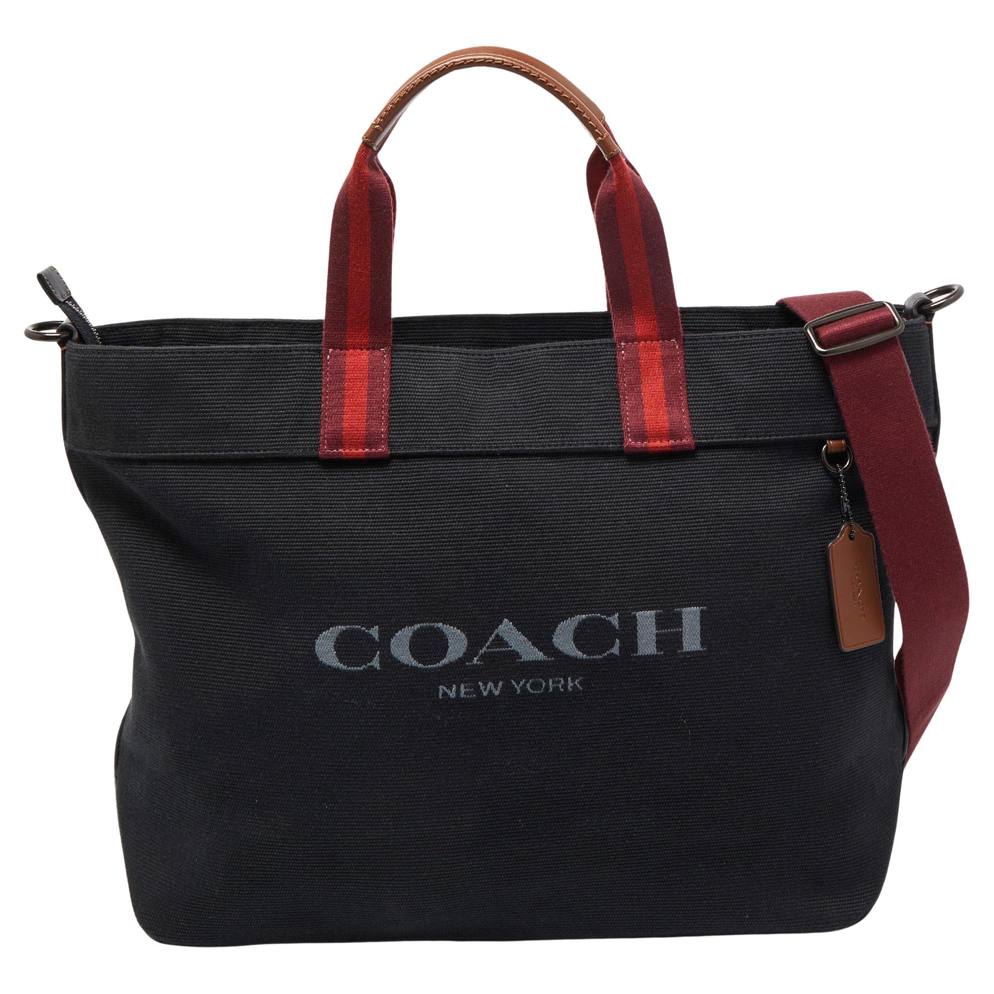 Coach - Fourre-tout 38 en toile et cuir noir/bordeaux en vente