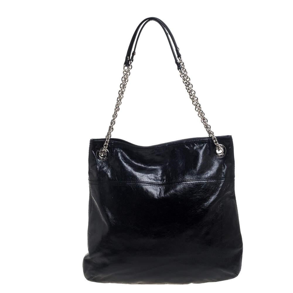 Women's Coach Black Crackled Leather Chain Tote