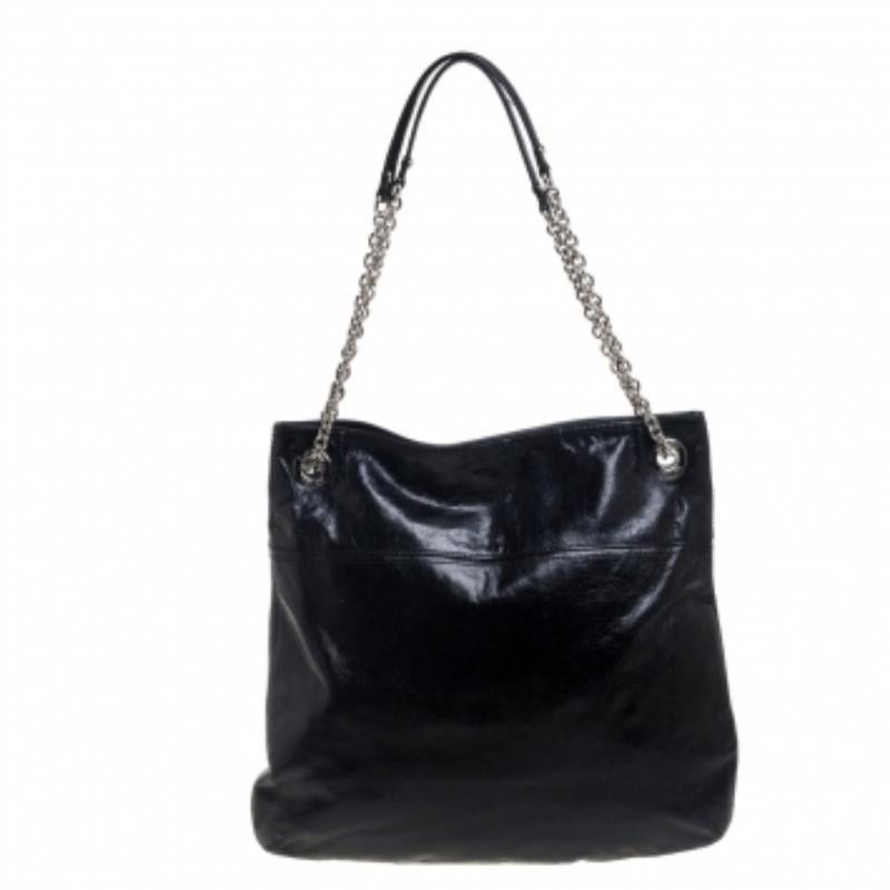 Coach Black Crackled Leather Chain Tote For Sale 3