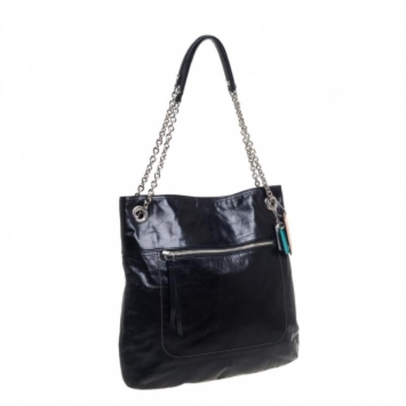 Coach Black Crackled Leather Chain Tote For Sale 4