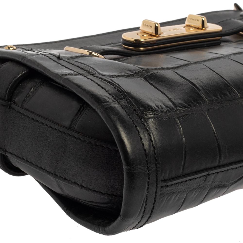 Women's Coach Black Croc Embossed Leather Shoulder Bag
