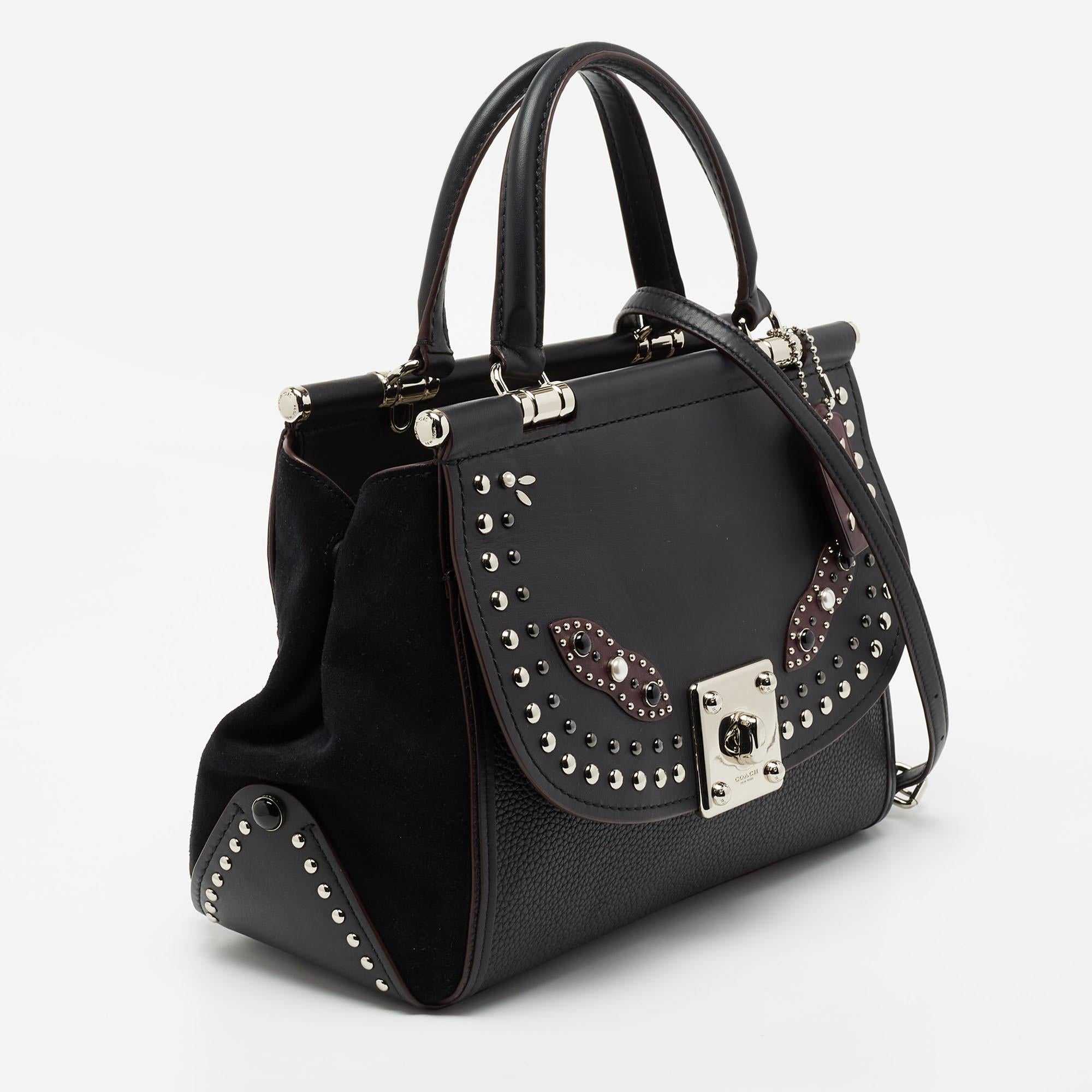 Coach Black Leather And Suede Embellished Carryall Drifter Satchel In Excellent Condition In Dubai, Al Qouz 2