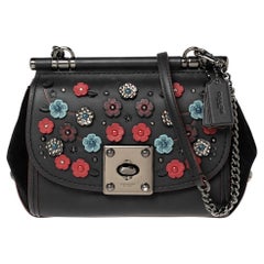 Coach Black Leather and Suede Willow Floral Applique Drifter Shoulder Bag