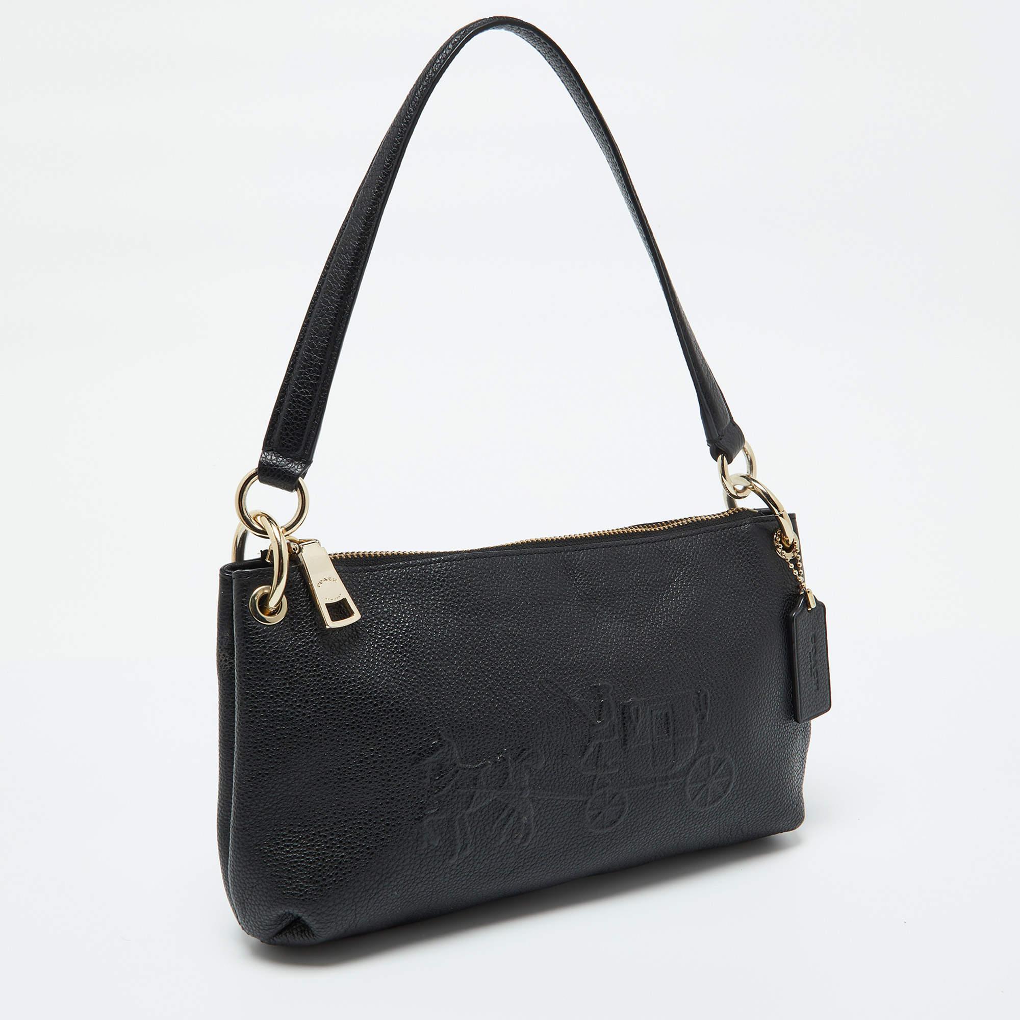 Coach Black Leather Embossed Horse and Carriage Bag In Good Condition In Dubai, Al Qouz 2