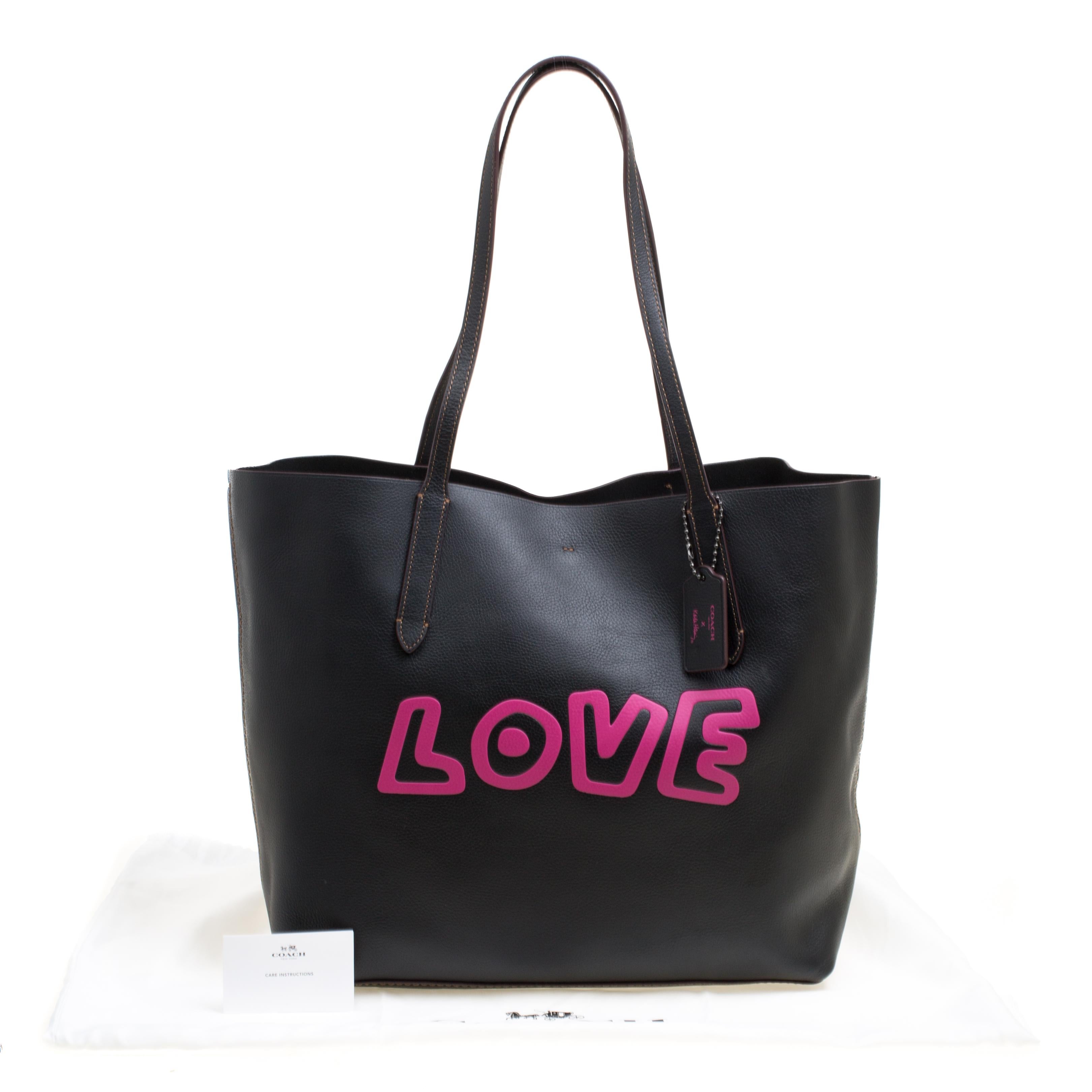Women's Coach Black Leather Keith Haring Love Shopper Tote