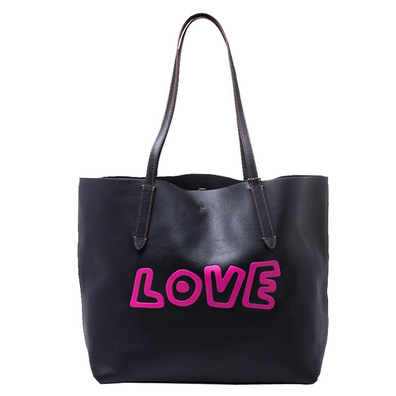 Women's Coach Black Leather Keith Haring Love Shopper Tote