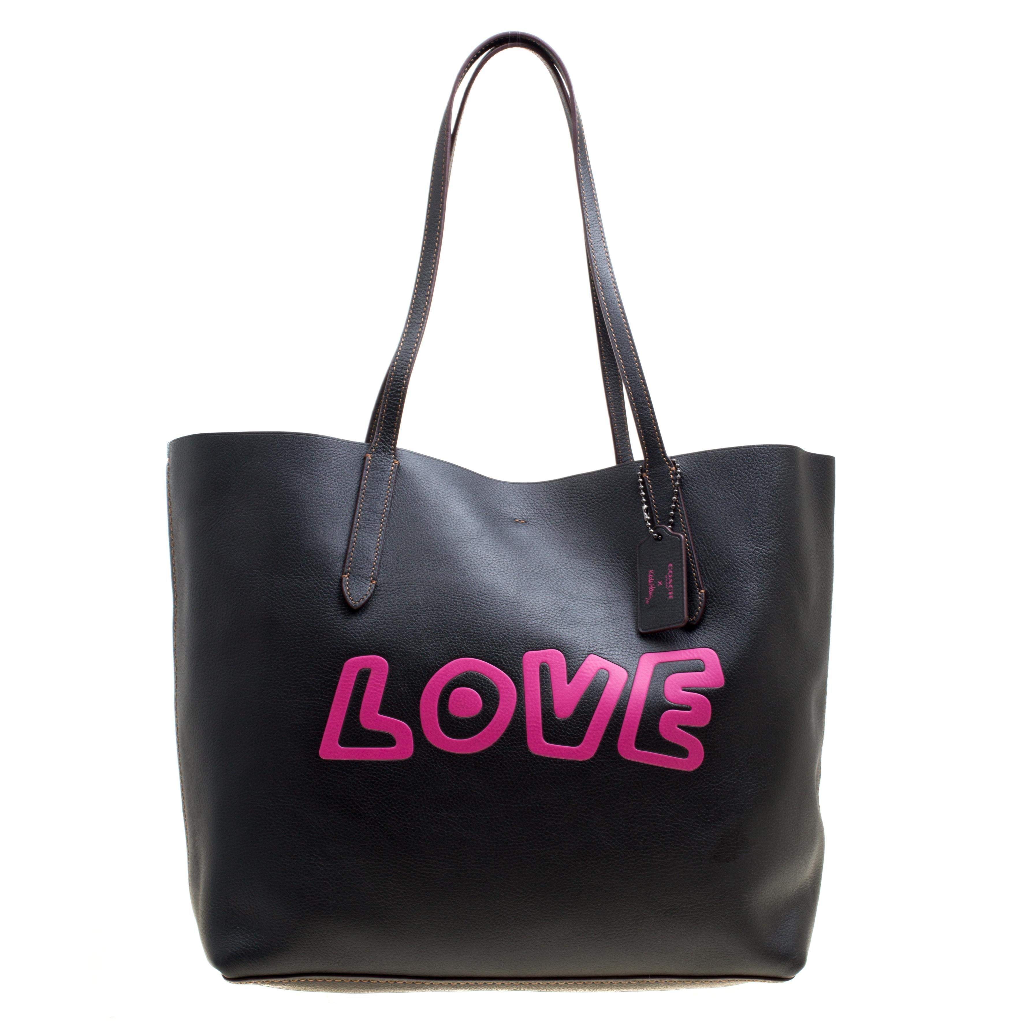 Coach Black Leather Keith Haring Love Shopper Tote